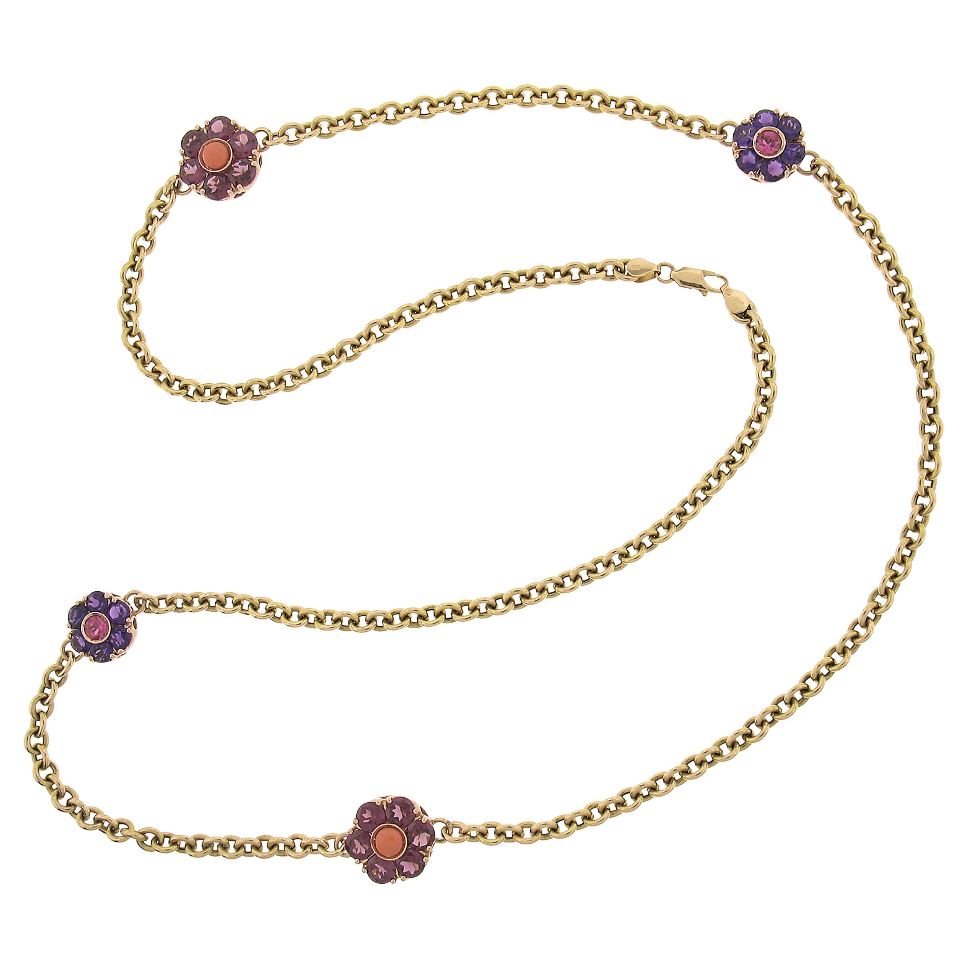 14k Gold Amethyst Rhodolite Garnet Tourmaline & Coral Floral Long Necklace