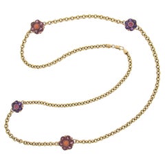 Long collier floral en or 14 carats, améthyste rhodolite grenat tourmaline et corail