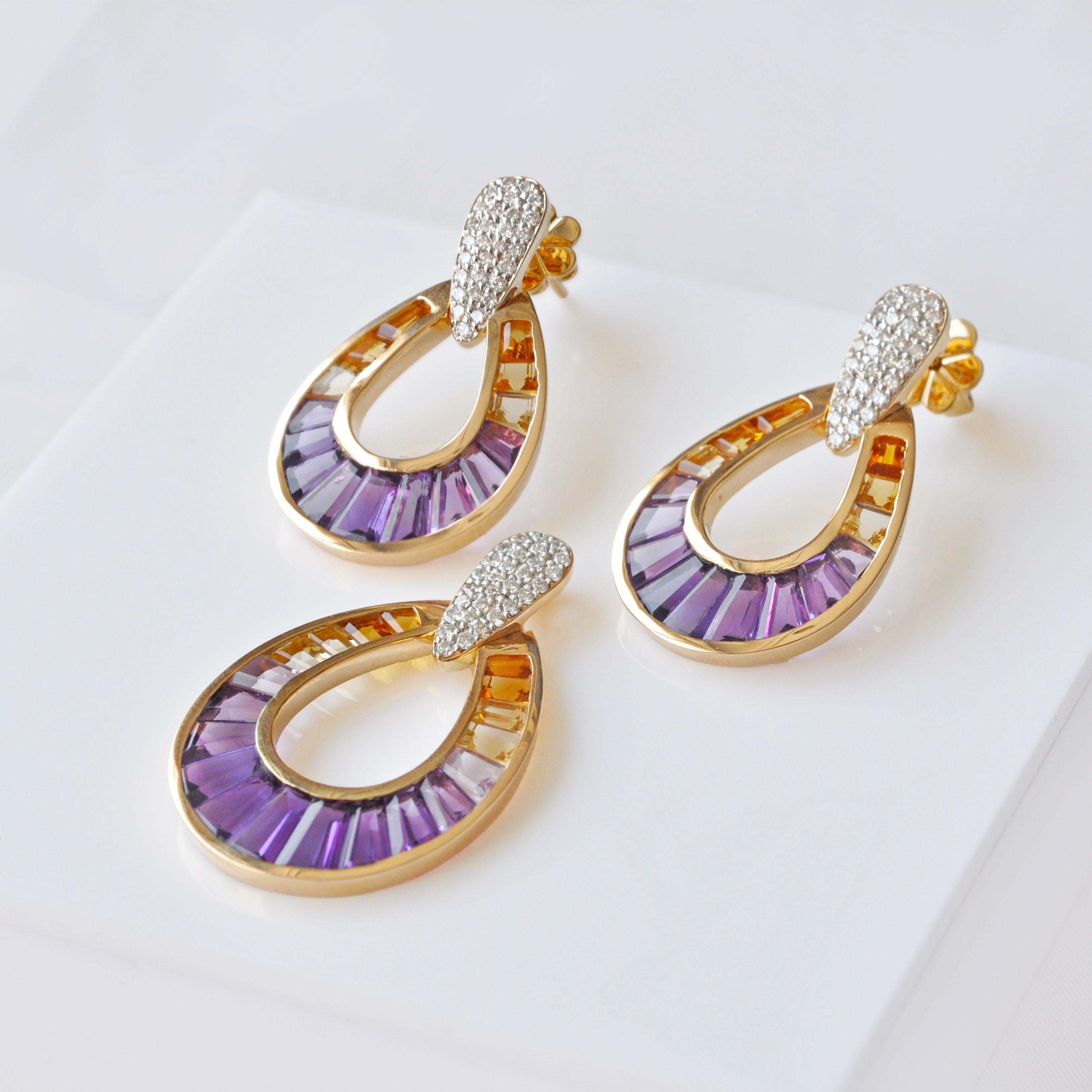 Baguette rastremato Set di ciondoli con orecchini a baguette affusolati in oro 14K con diamante ametrino lavorato a mano in vendita