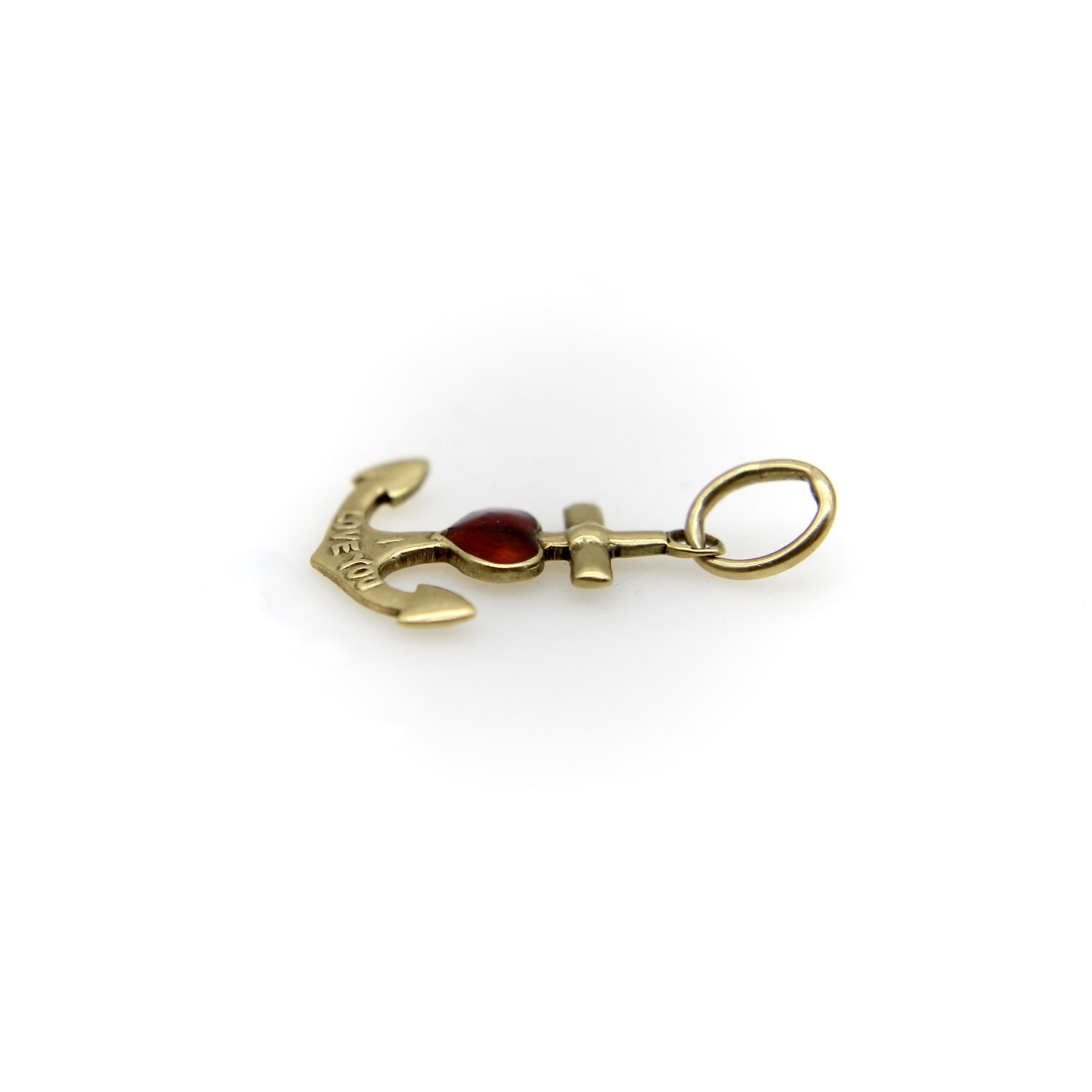 Modern 14K Gold Anchor and Enameled Red Heart Pendant Charm For Sale
