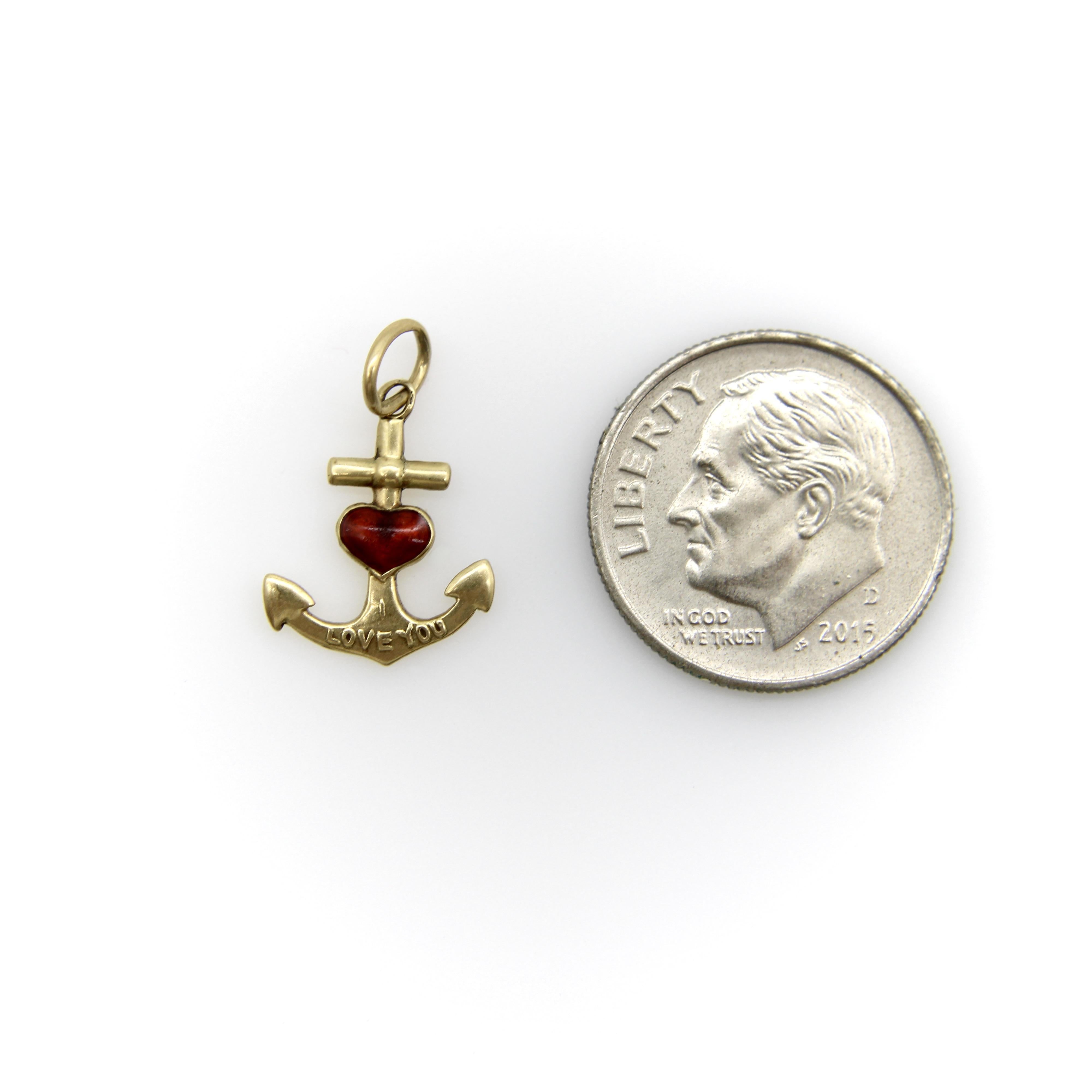 14K Gold Anchor and Enameled Red Heart Pendant Charm In Good Condition For Sale In Venice, CA