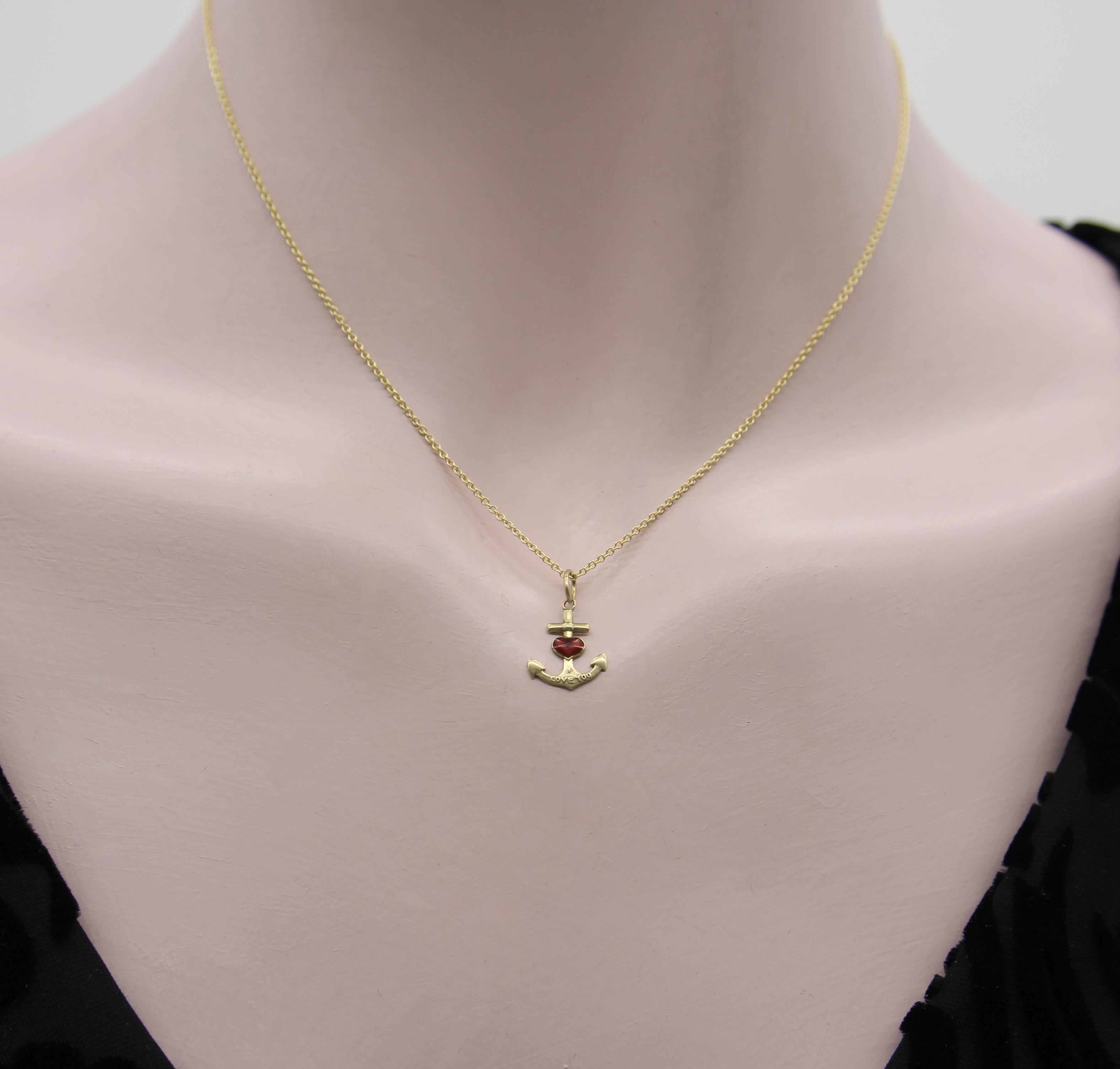 14K Gold Anchor and Enameled Red Heart Pendant Charm For Sale 1