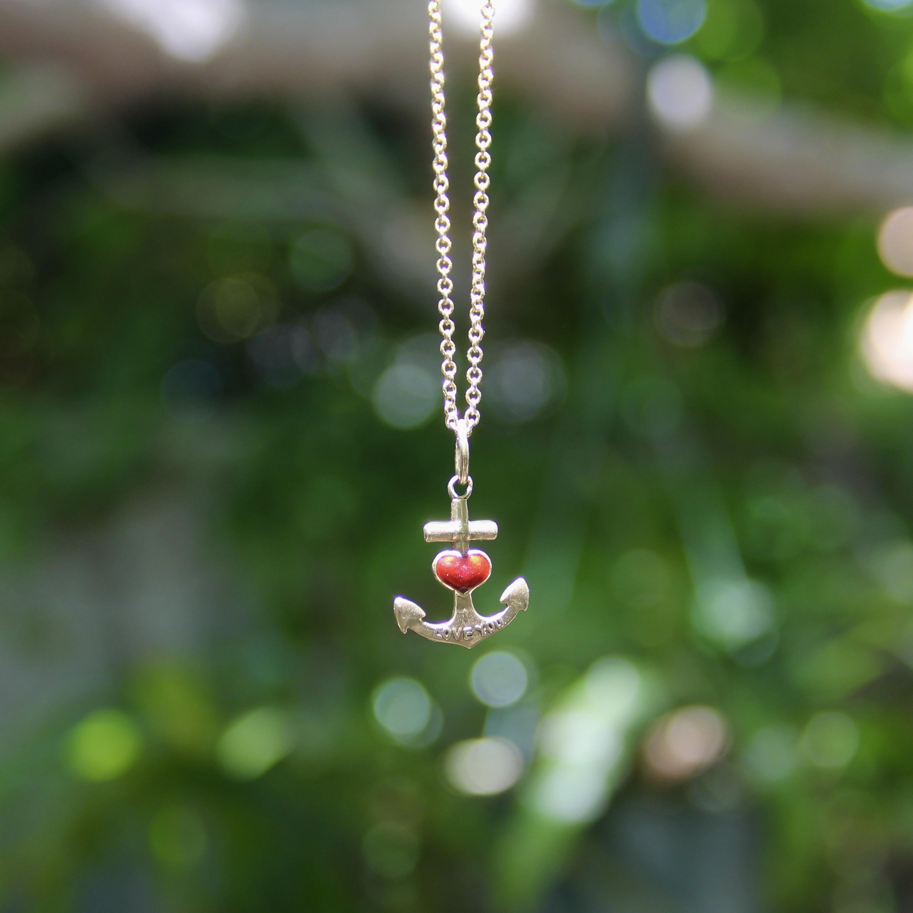 14K Gold Anchor and Enameled Red Heart Pendant Charm For Sale 2