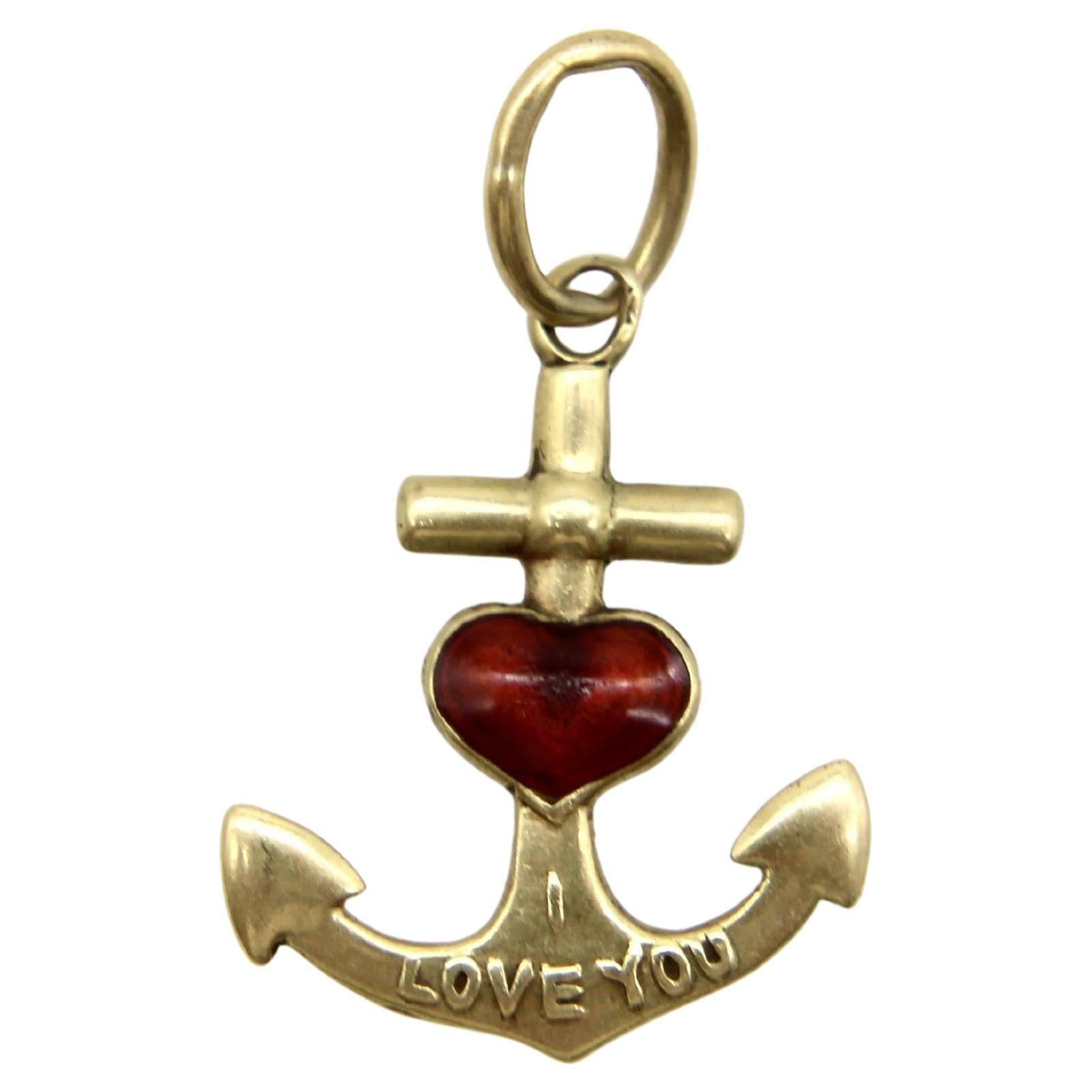 14K Gold Anchor and Enameled Red Heart Pendant Charm For Sale