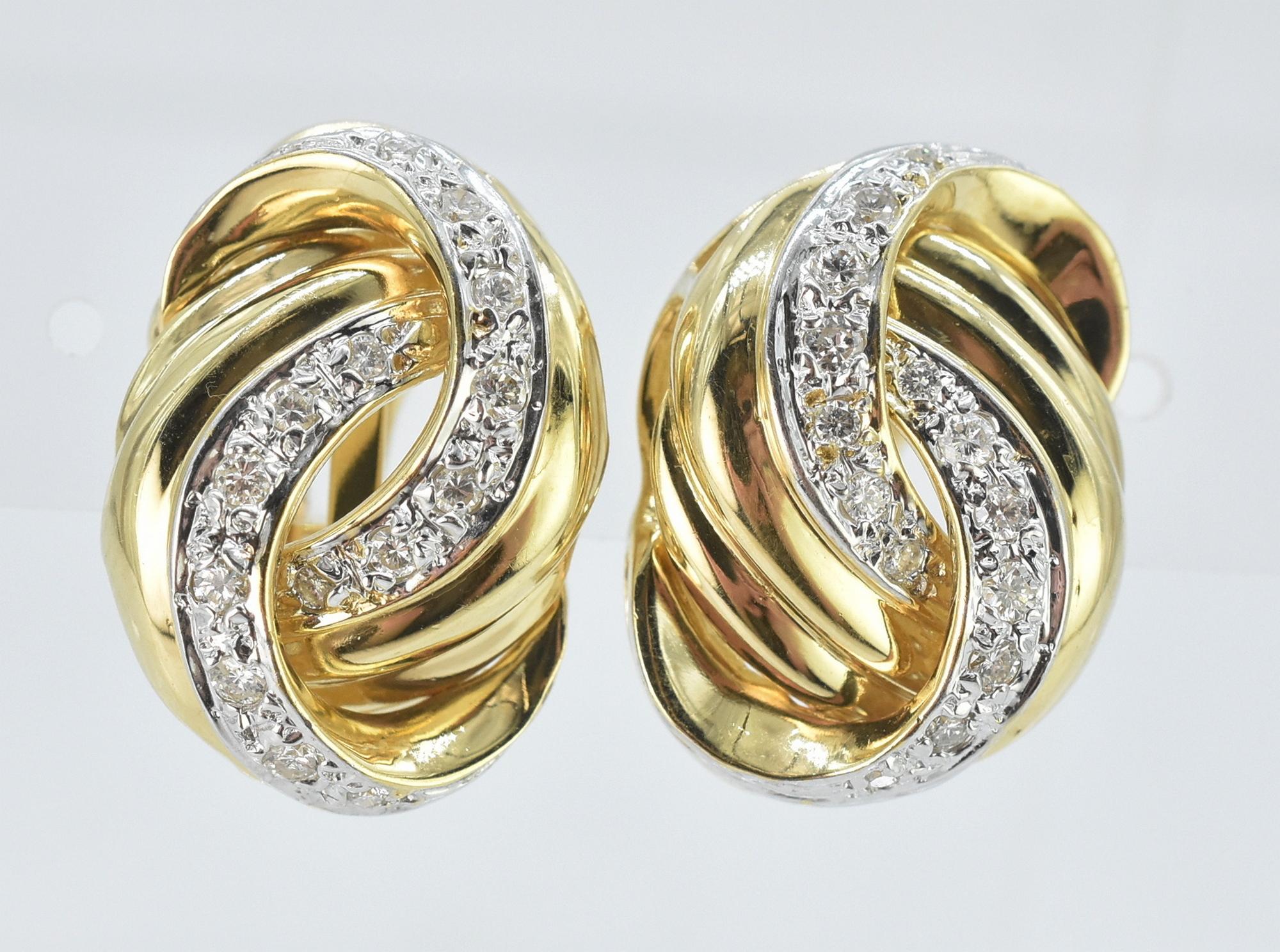 20th Century 14k Gold and 1.5cttw Diamond Knot Earrings For Sale
