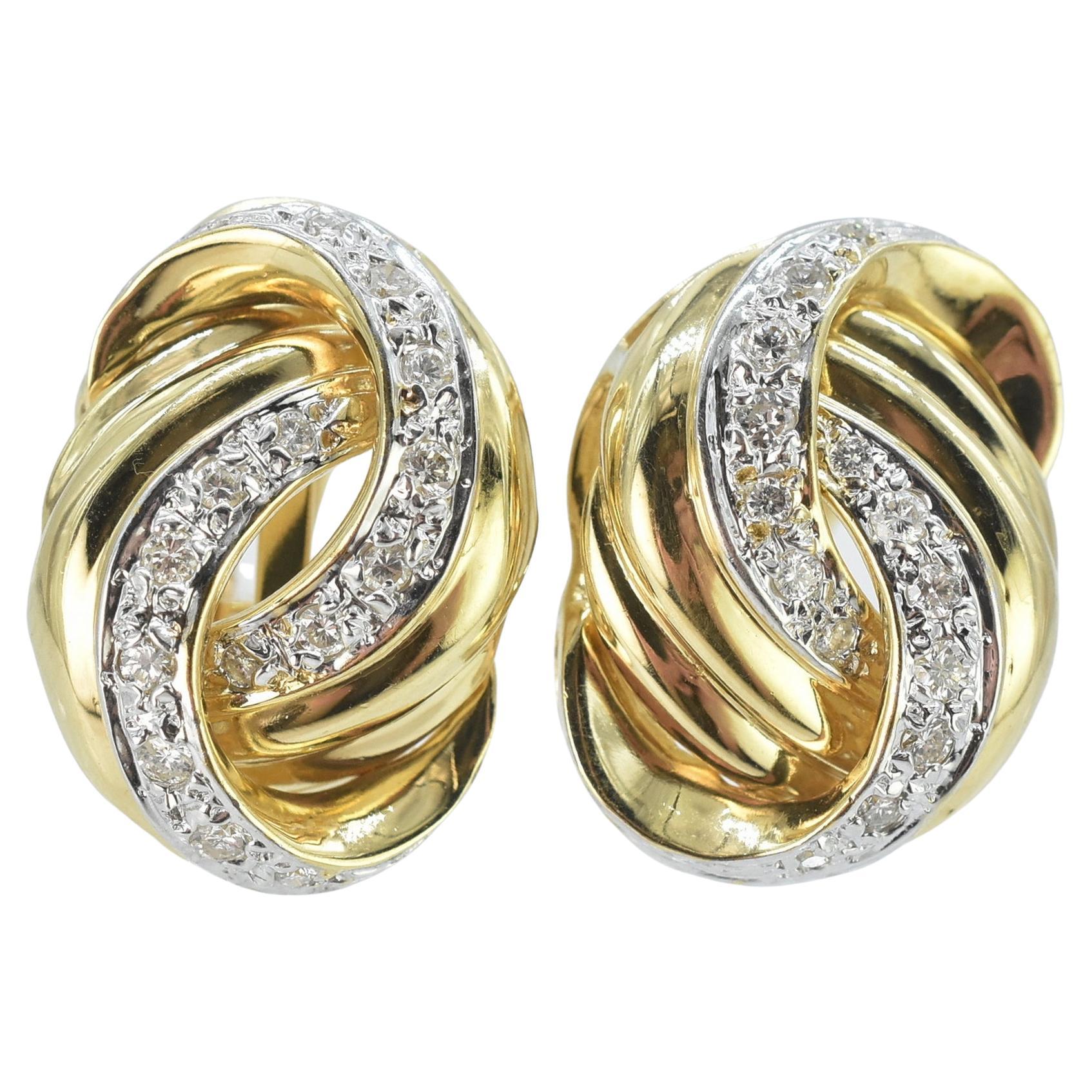 14k Gold and 1.5cttw Diamond Knot Earrings For Sale