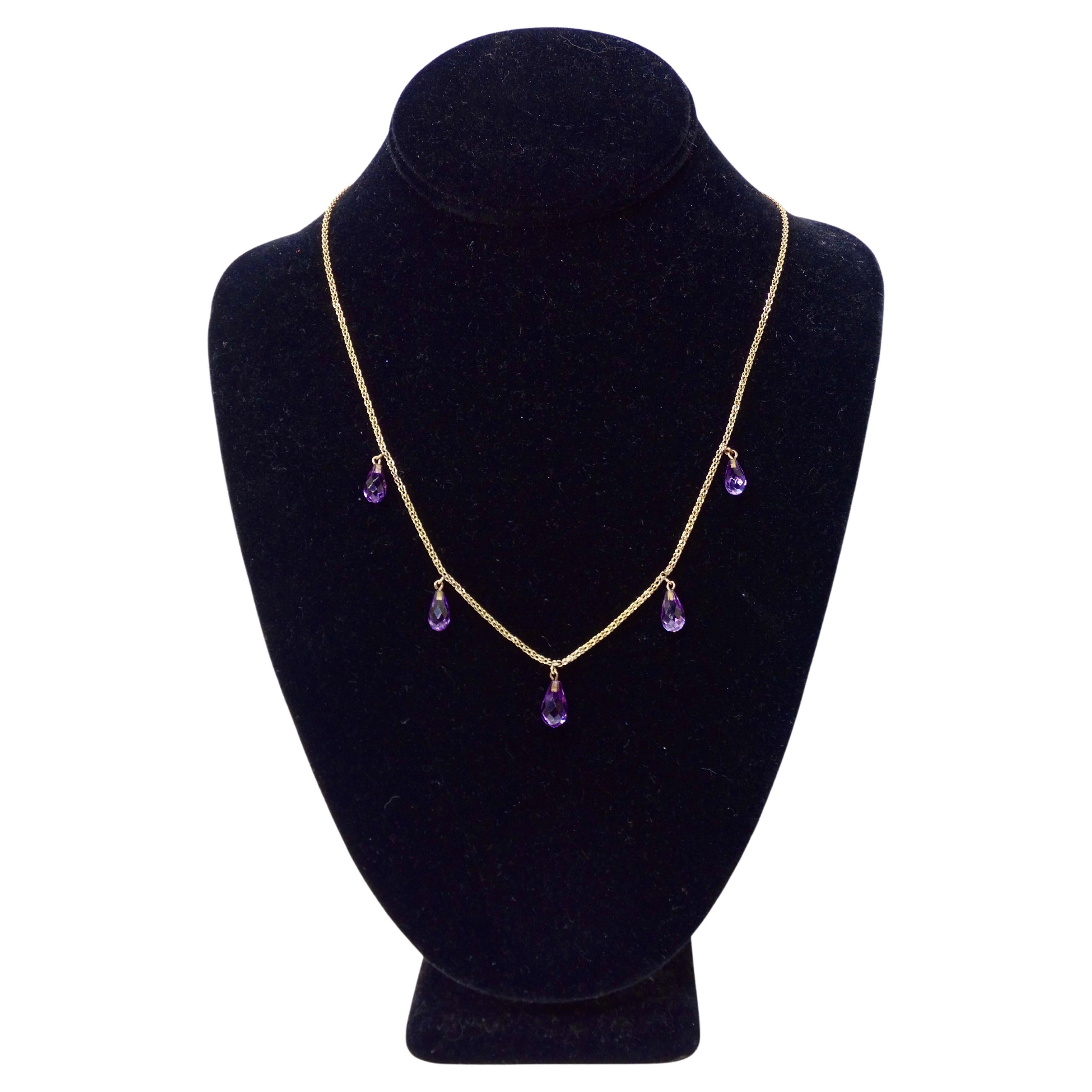 14k Gold and Amethyst Teardrop Necklace For Sale