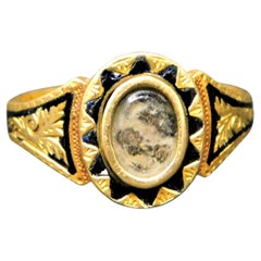 14k Gold and Black Enamel Victorian Momento Mori Ring Insert Hair Weave