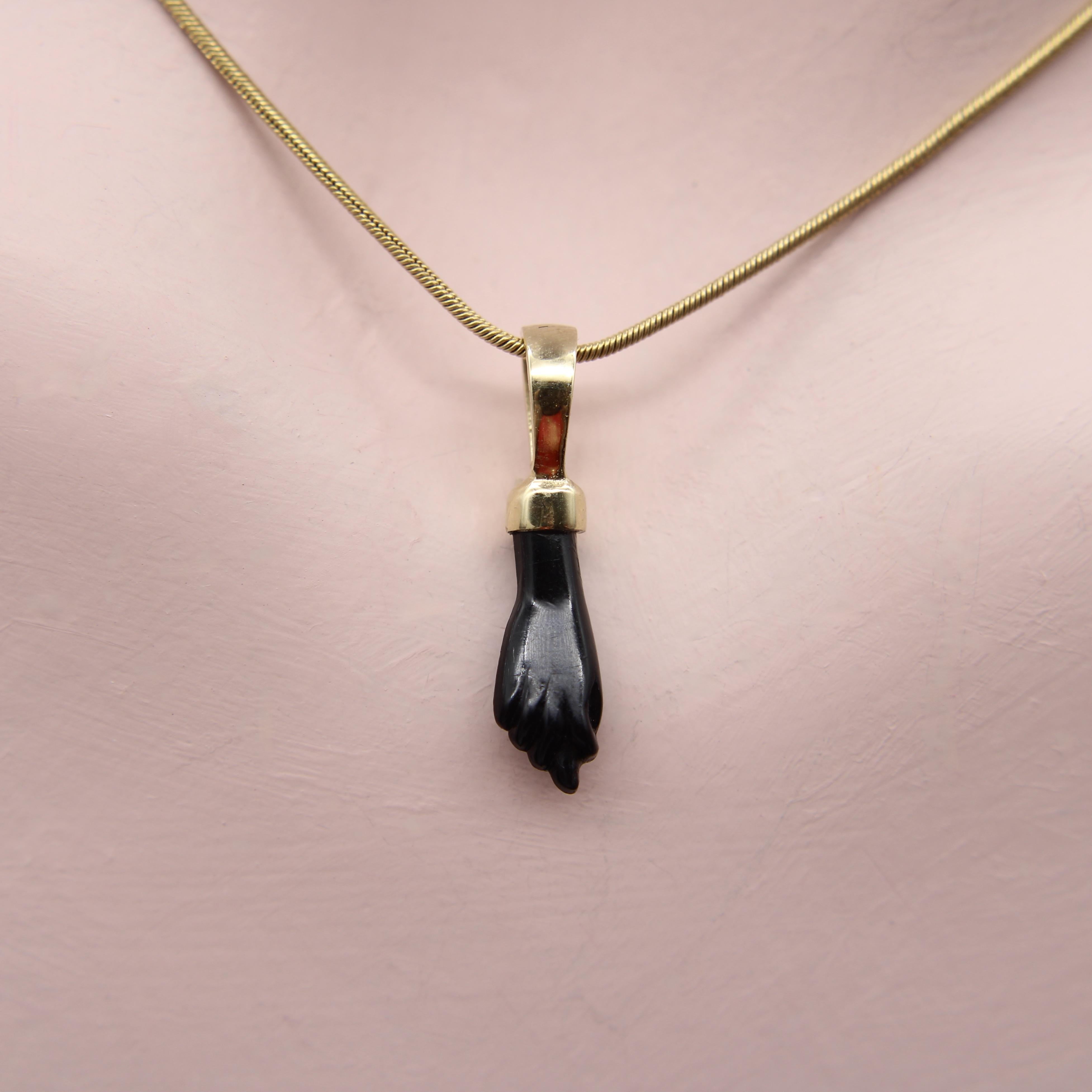 Women's or Men's 14K Gold and Black Glass Figa Pendant