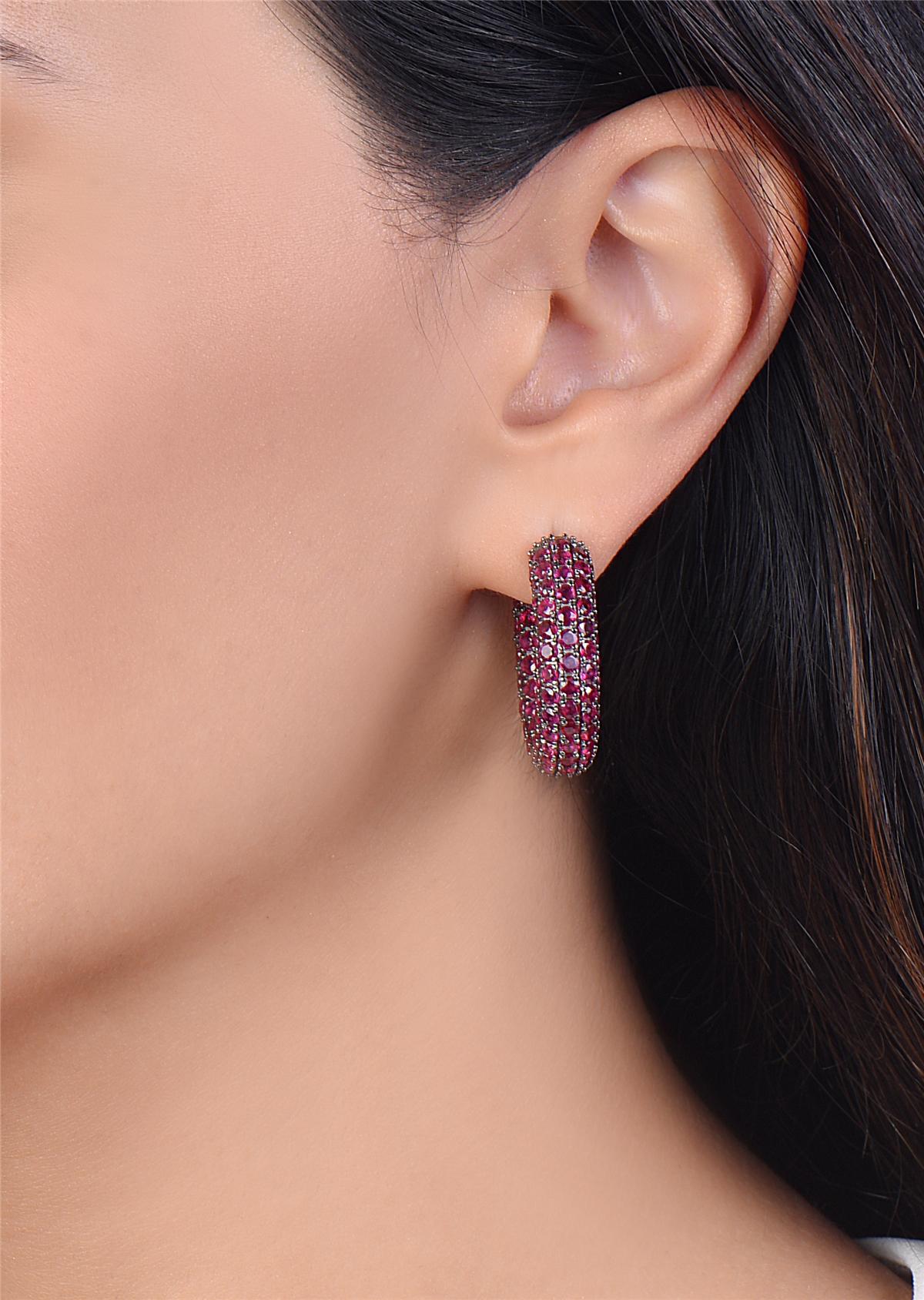 Round Cut 14 Karat Gold and Black Rhodium Ruby Hoop Earrings For Sale