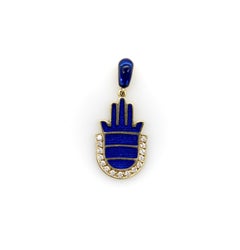 14K Gold and Blue Enamel Hamsa Pendant with Diamonds