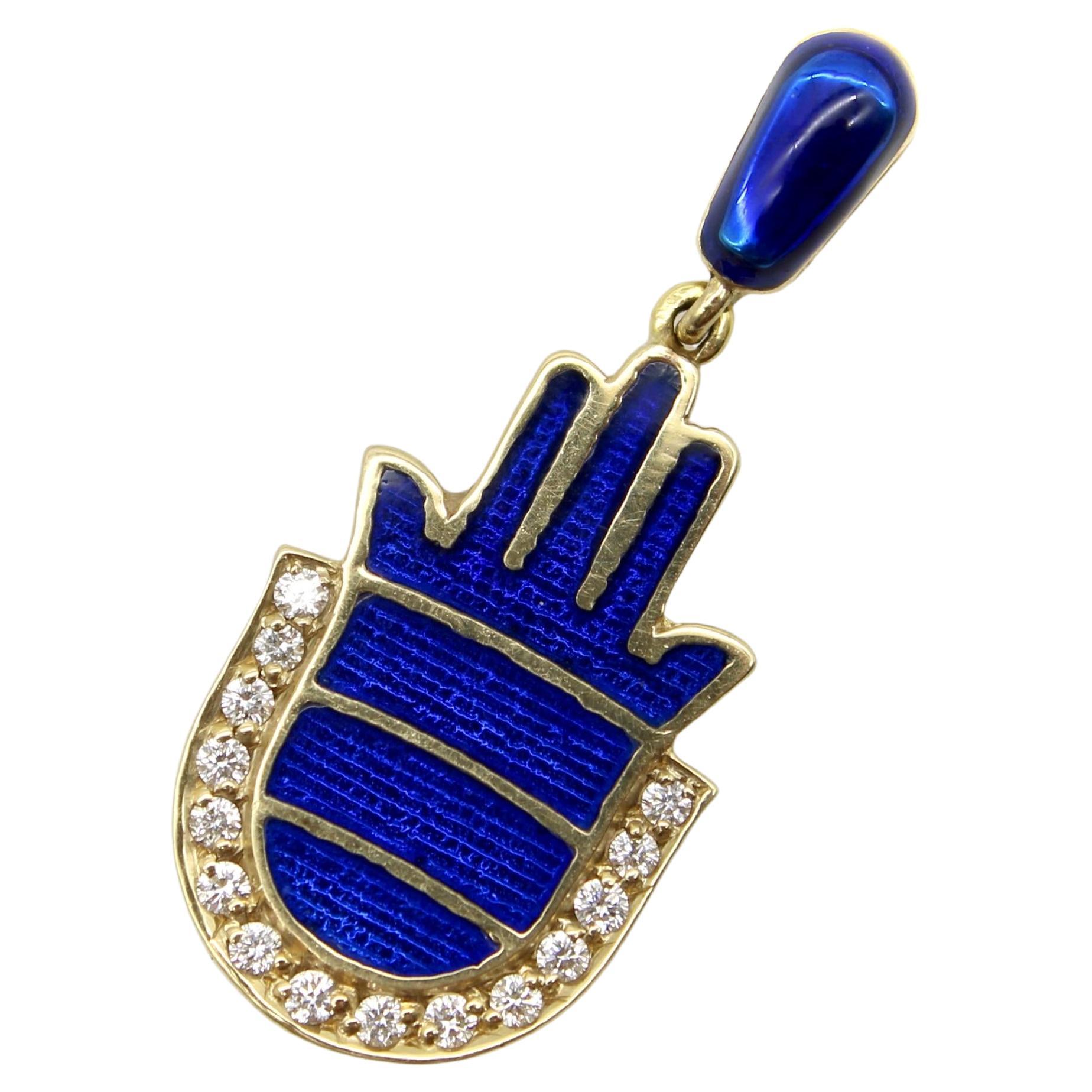 Ciondolo Hamsa in oro 14K e smalto blu con diamanti