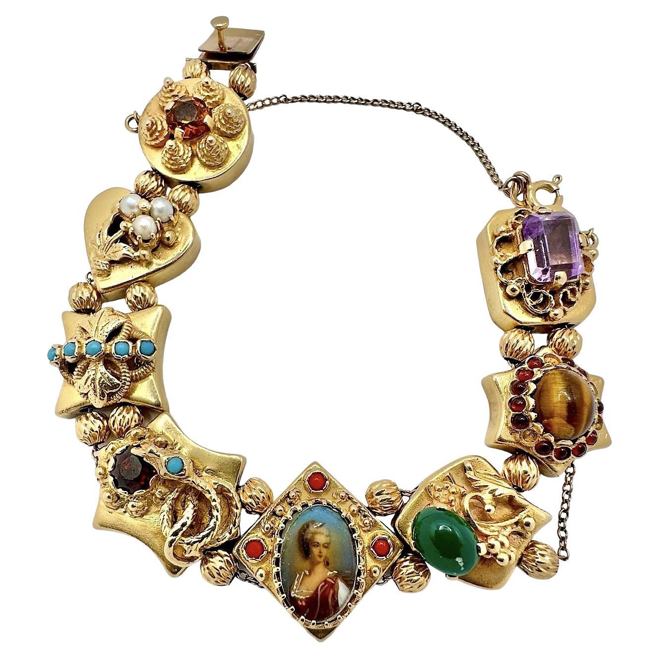 14k Gold and Colored Stone Mid-20th Century "Victorian Tribute" Slide Bracelet For Sale