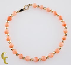 14k Gold and Coral Beads Bracelet with Lobster Clasp, Size 6.75