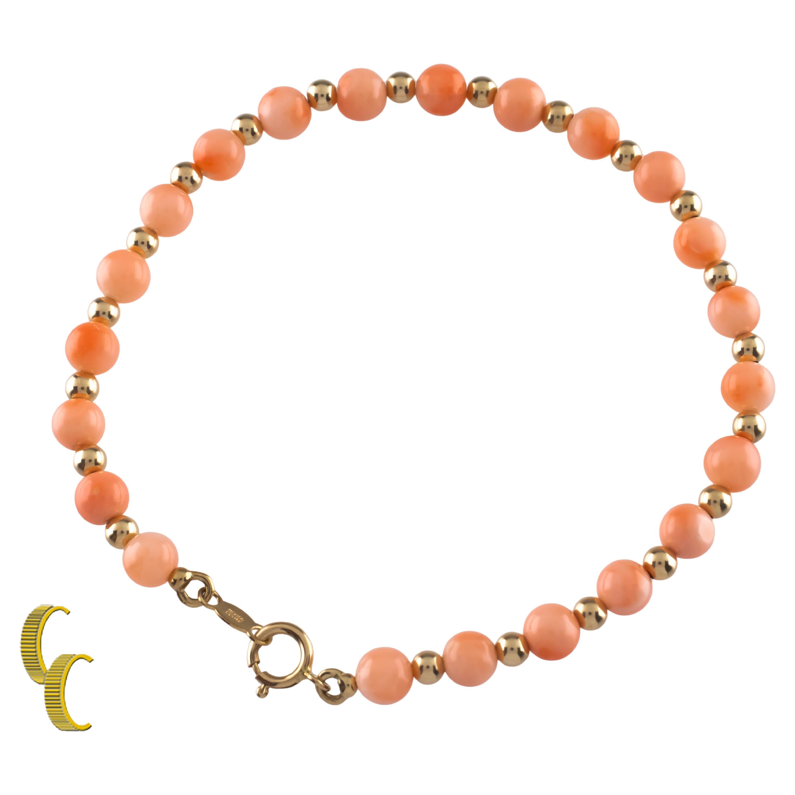 14k Gold and Coral Beads Bracelet with Lobster Clasp, Size 6.75