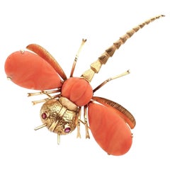 14K Gold And Coral Dragonfly Pin With Ruby Eyes