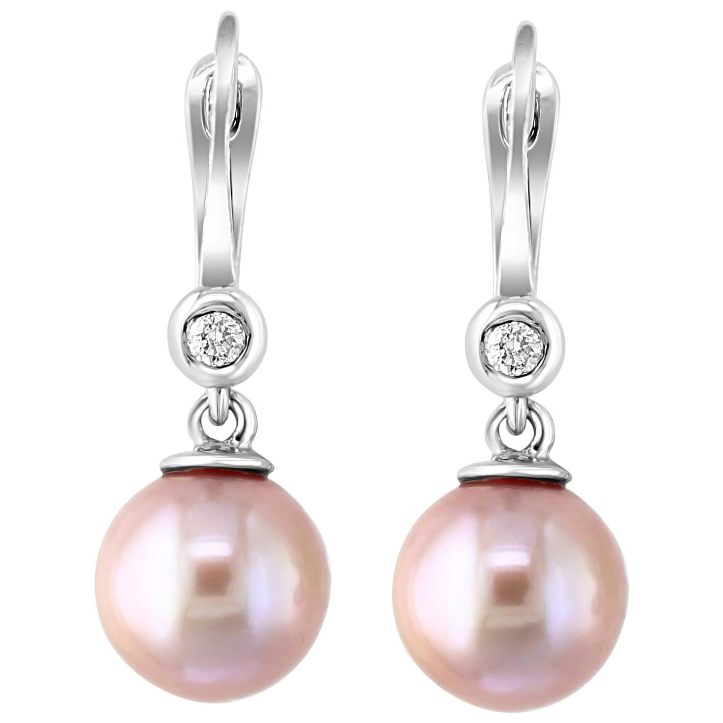 14K Gold and Diamond Cultured Freshwater Natural Pink Pearl Lever-Back Earring