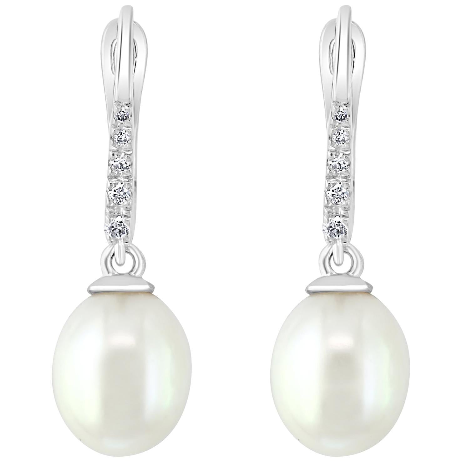Pearl and Diamond Lever-Back Earrings at 1stDibs