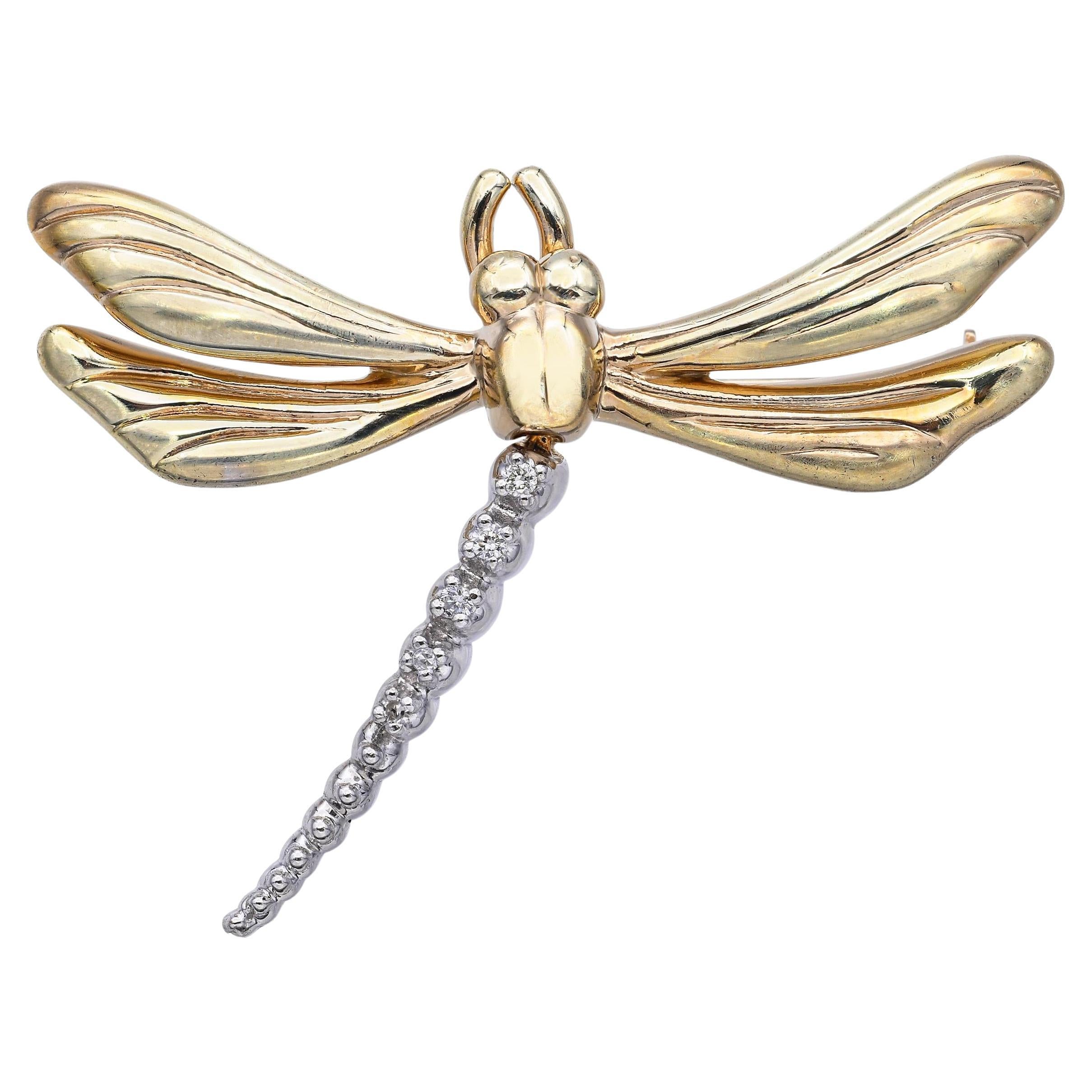 14k Gold and Diamond Dragonfly Brooch Pin