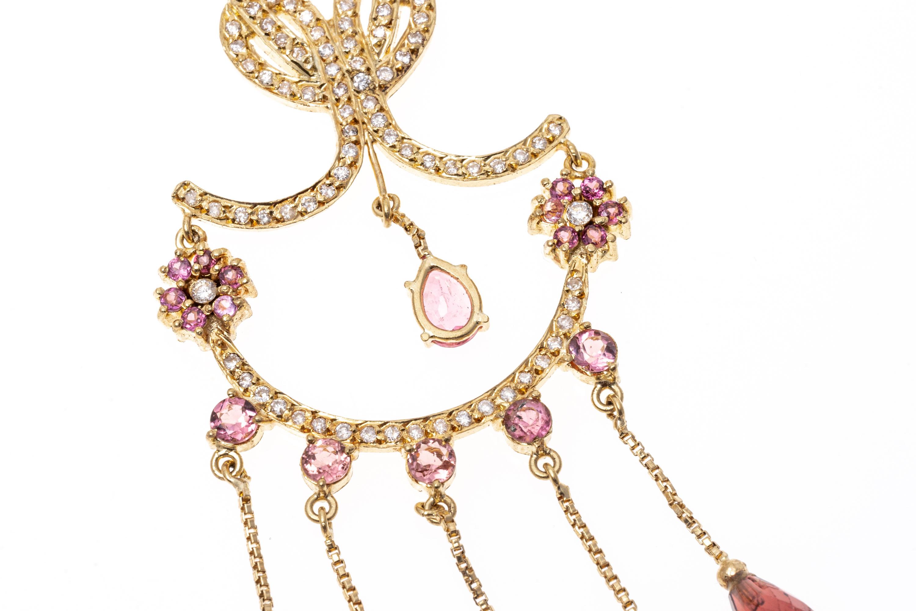 Kronleuchter-Ohrringe aus 18 Karat Gold und Diamanten, Granat und rosa Turmalin (Neobarock) im Angebot