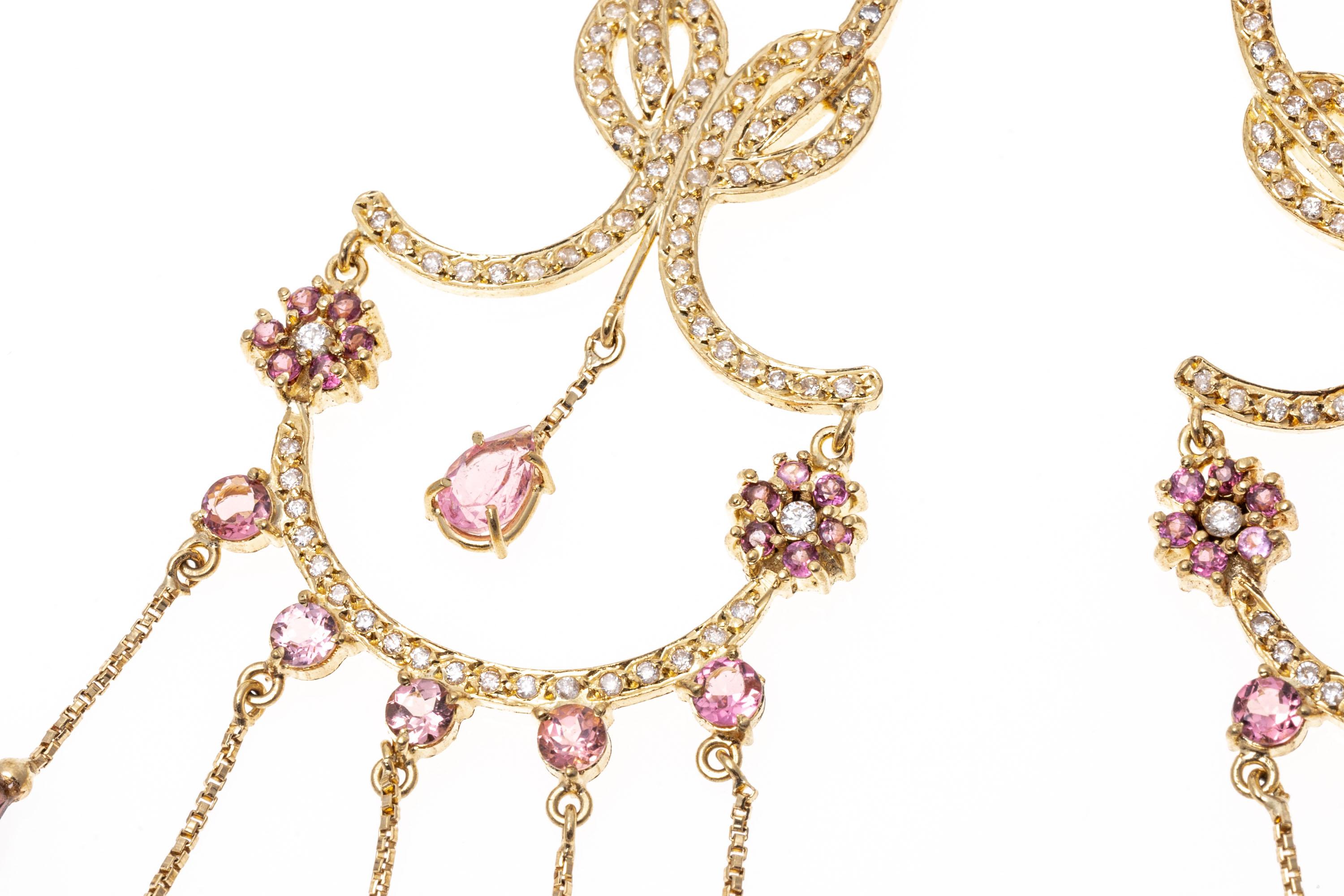 Baroque Revival 14K Gold and Diamond, Garnet and Pink Tourmaline Chandelier Earrings For Sale