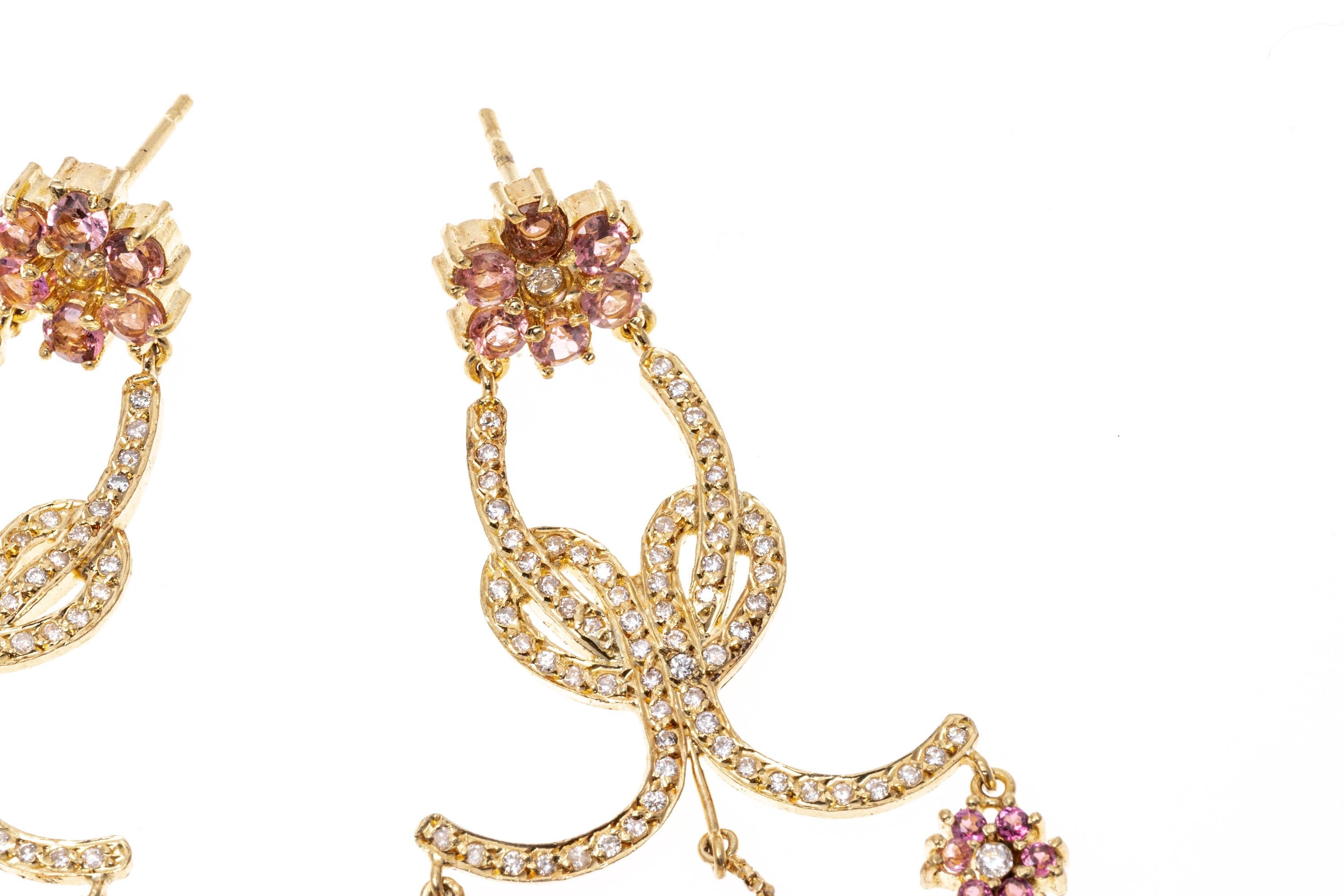 Round Cut 14K Gold and Diamond, Garnet and Pink Tourmaline Chandelier Earrings For Sale