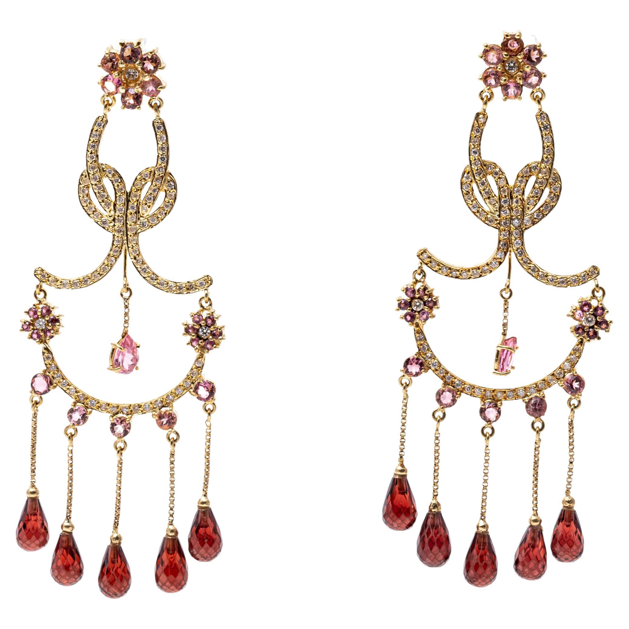 14K Gold and Diamond, Garnet and Pink Tourmaline Chandelier Earrings For Sale