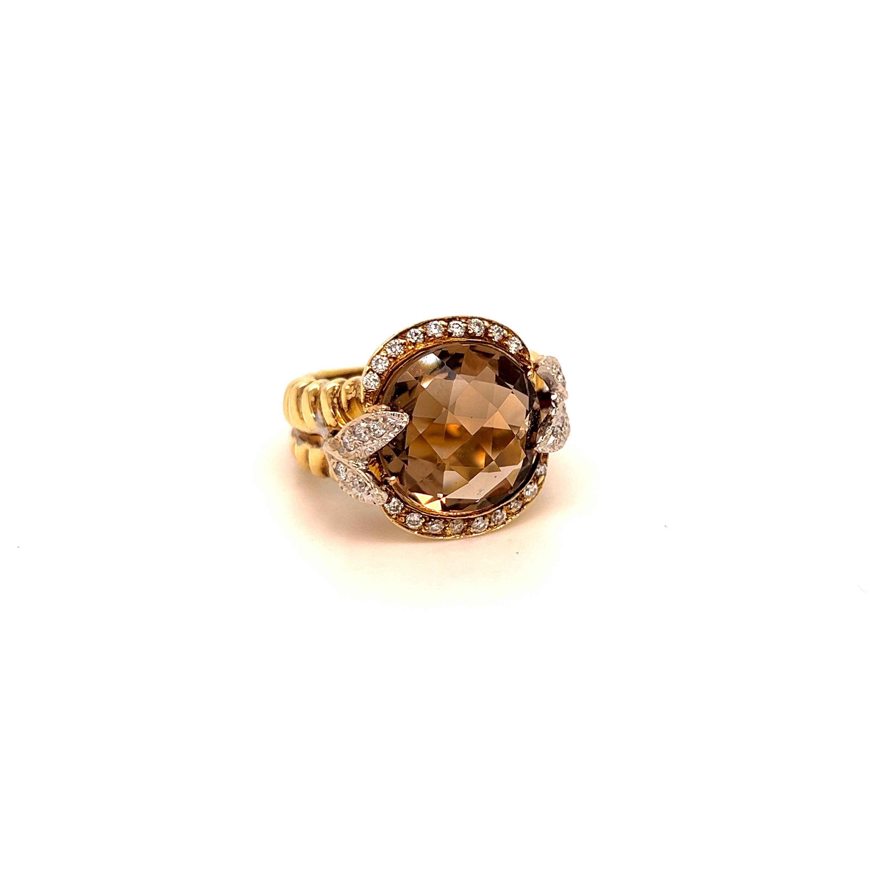 Modern 14K Gold and Diamond Ring with Checkerboard Cut Smoky Topaz Center
