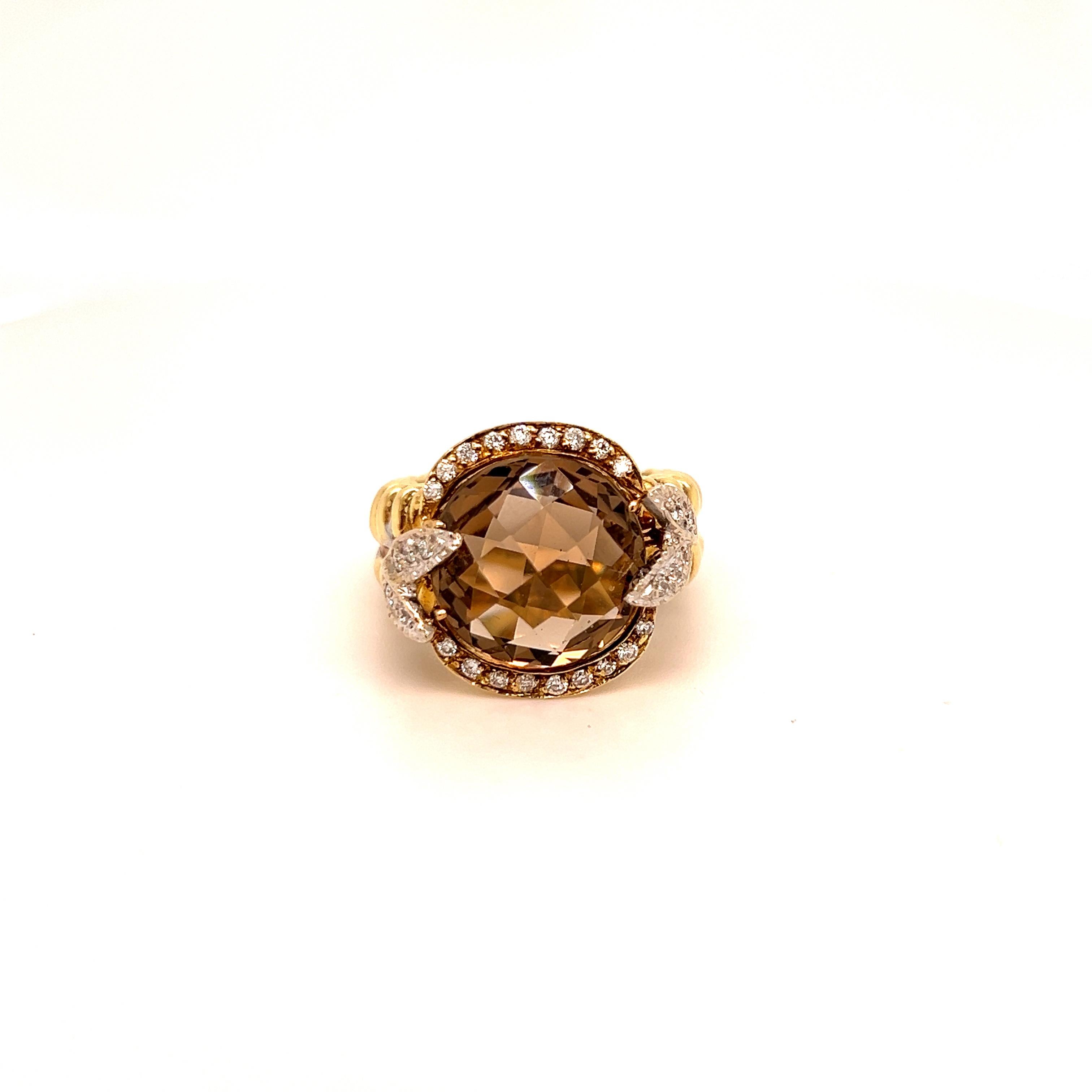 14K Gold and Diamond Ring with Checkerboard Cut Smoky Topaz Center In Excellent Condition In Boca Raton, FL