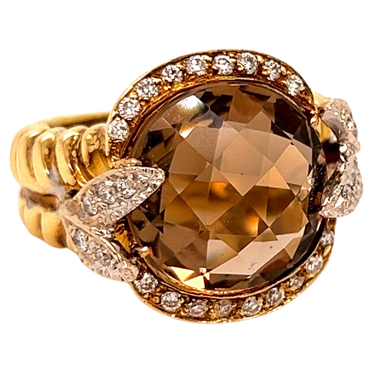 14K Gold and Diamond Ring with Checkerboard Cut Smoky Topaz Center