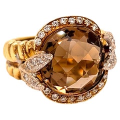 14K Gold and Diamond Ring with Checkerboard Cut Smoky Topaz Center