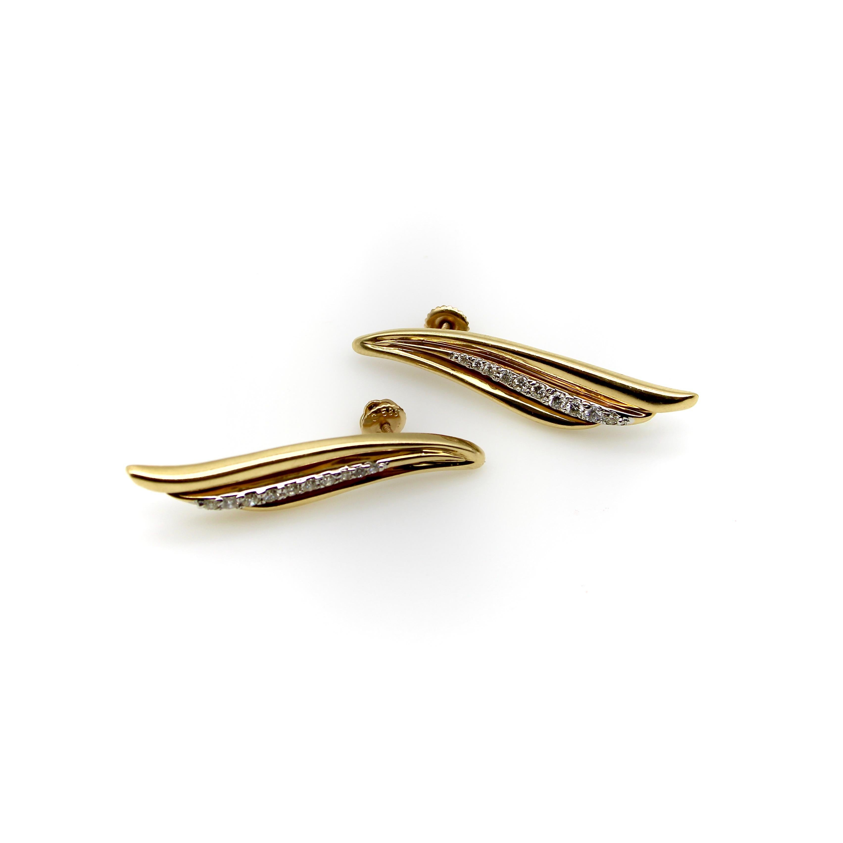 Modern 14K Gold and Diamond Wing Shaped Earrings  For Sale