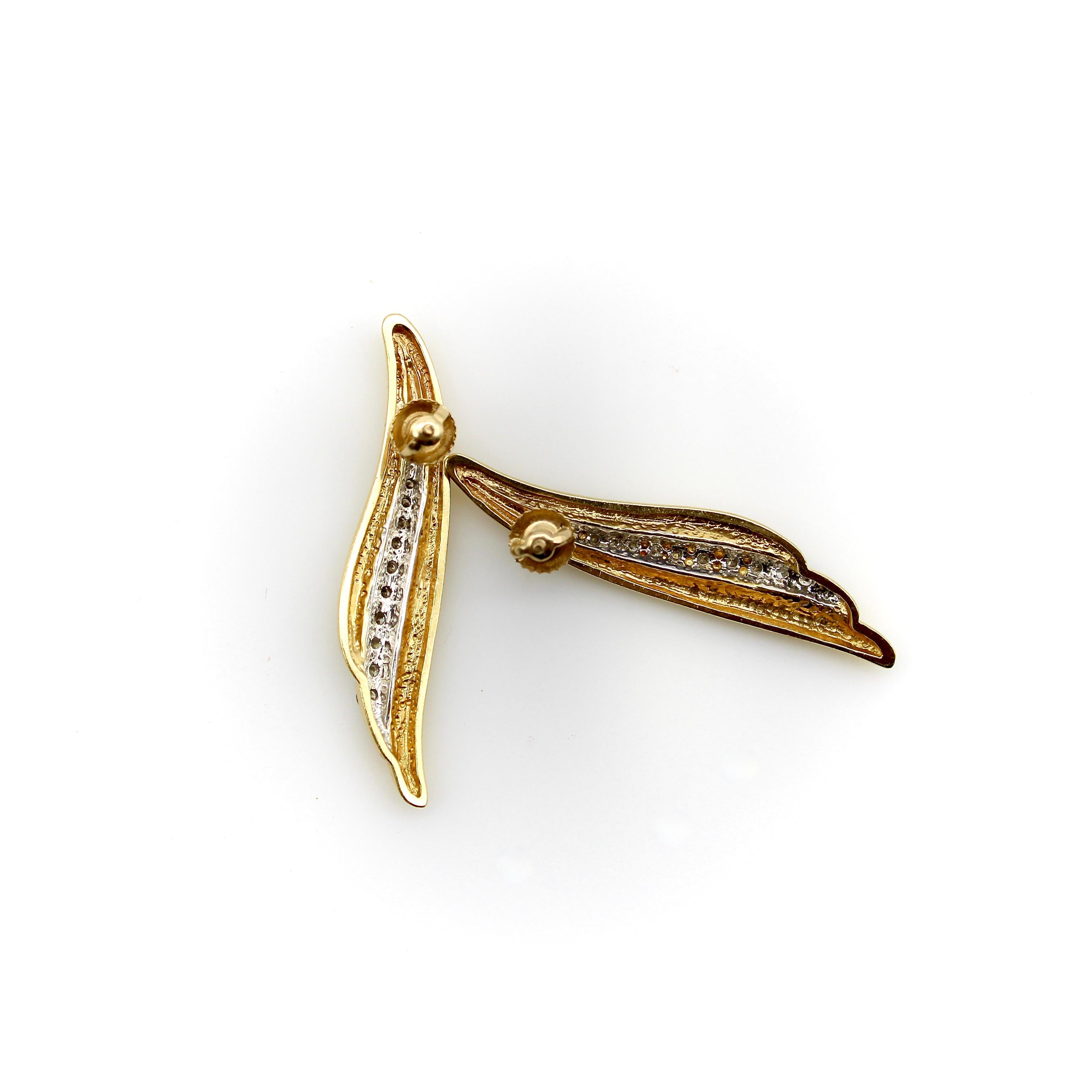 Women's or Men's 14K Gold and Diamond Wing Shaped Earrings  For Sale