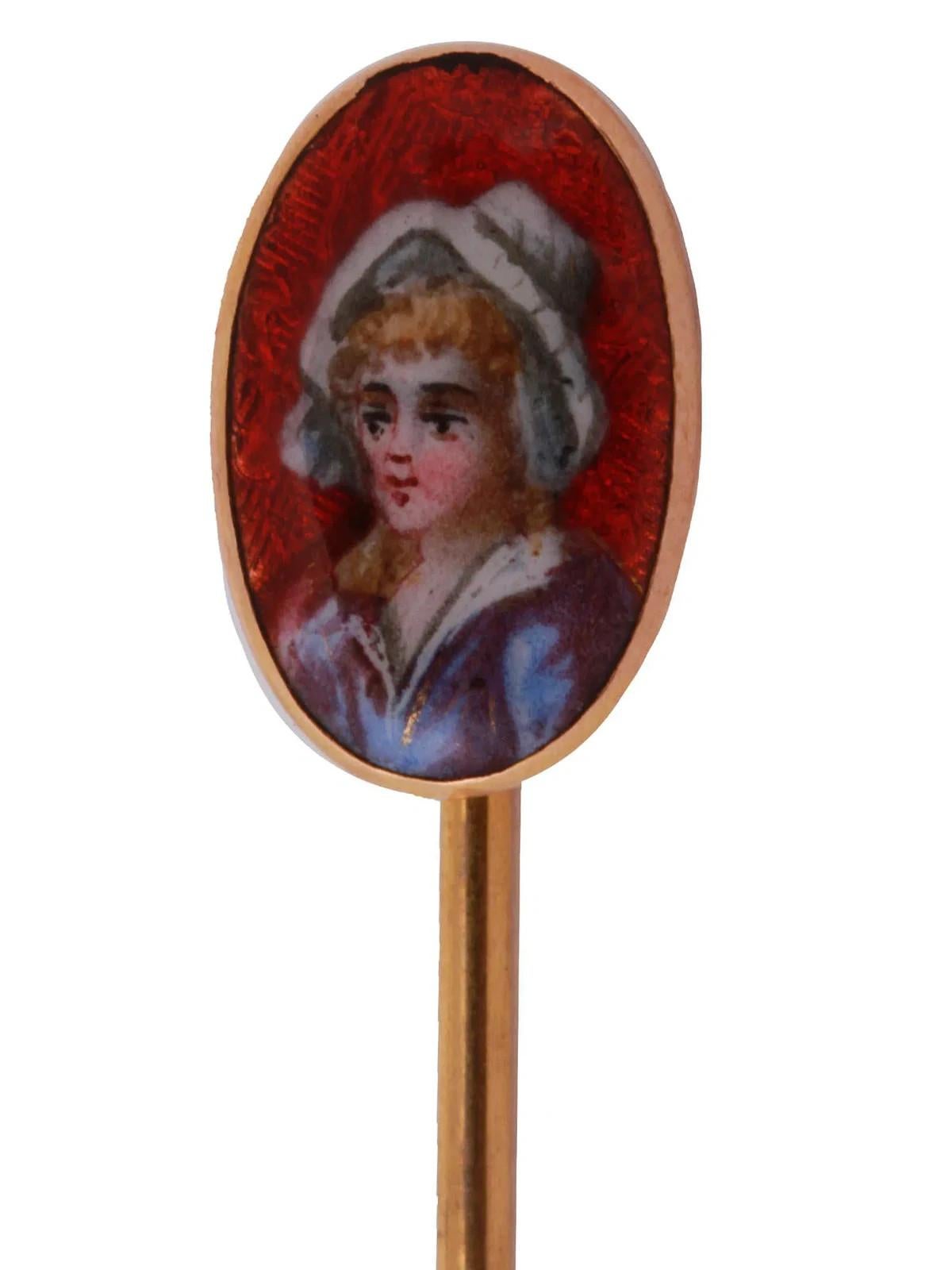 14k gold and enamel miniature portrait hat pin In Good Condition For Sale In New York, NY