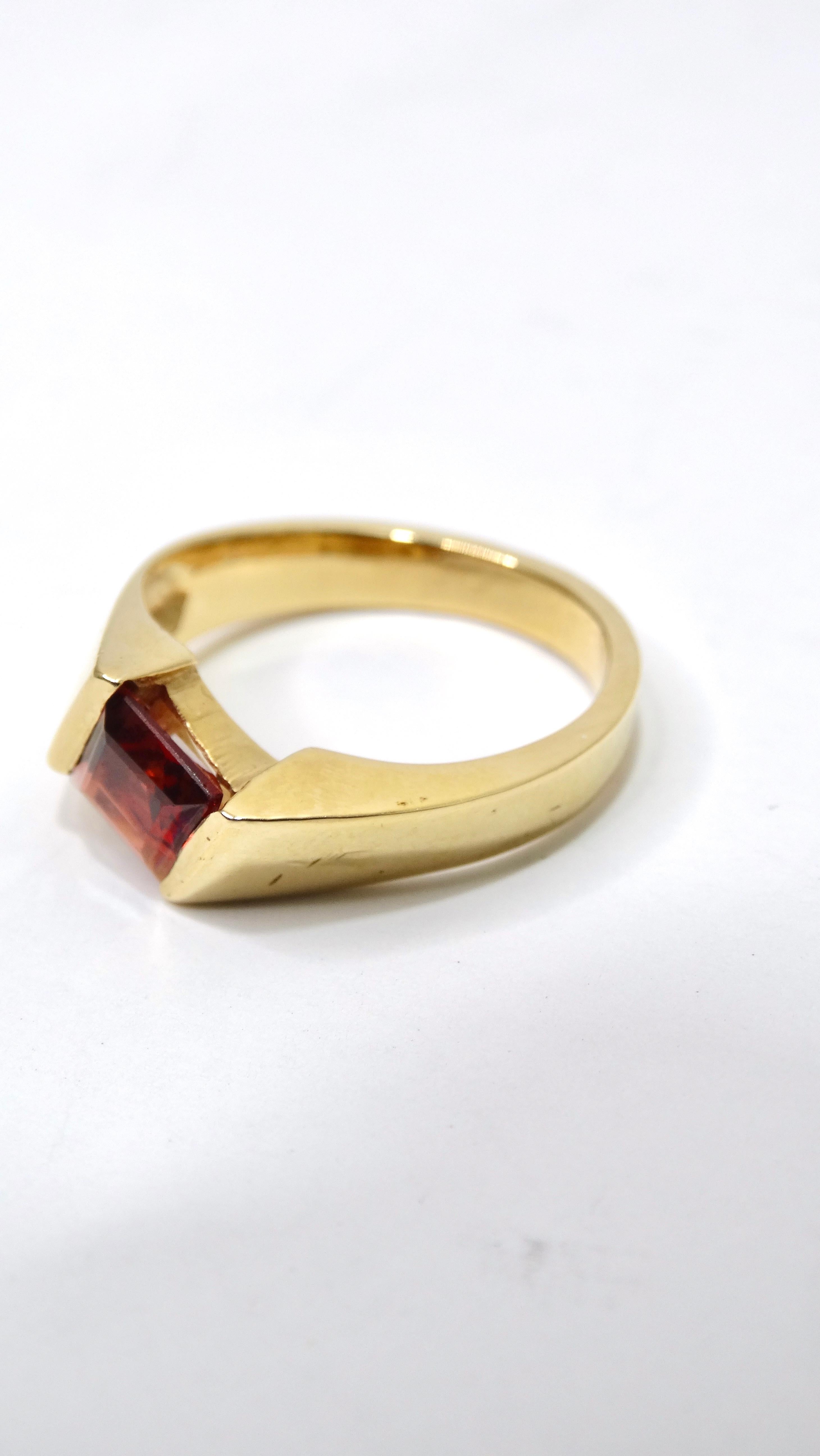 Square Cut 14k Gold and Garnet Geometric Ring For Sale
