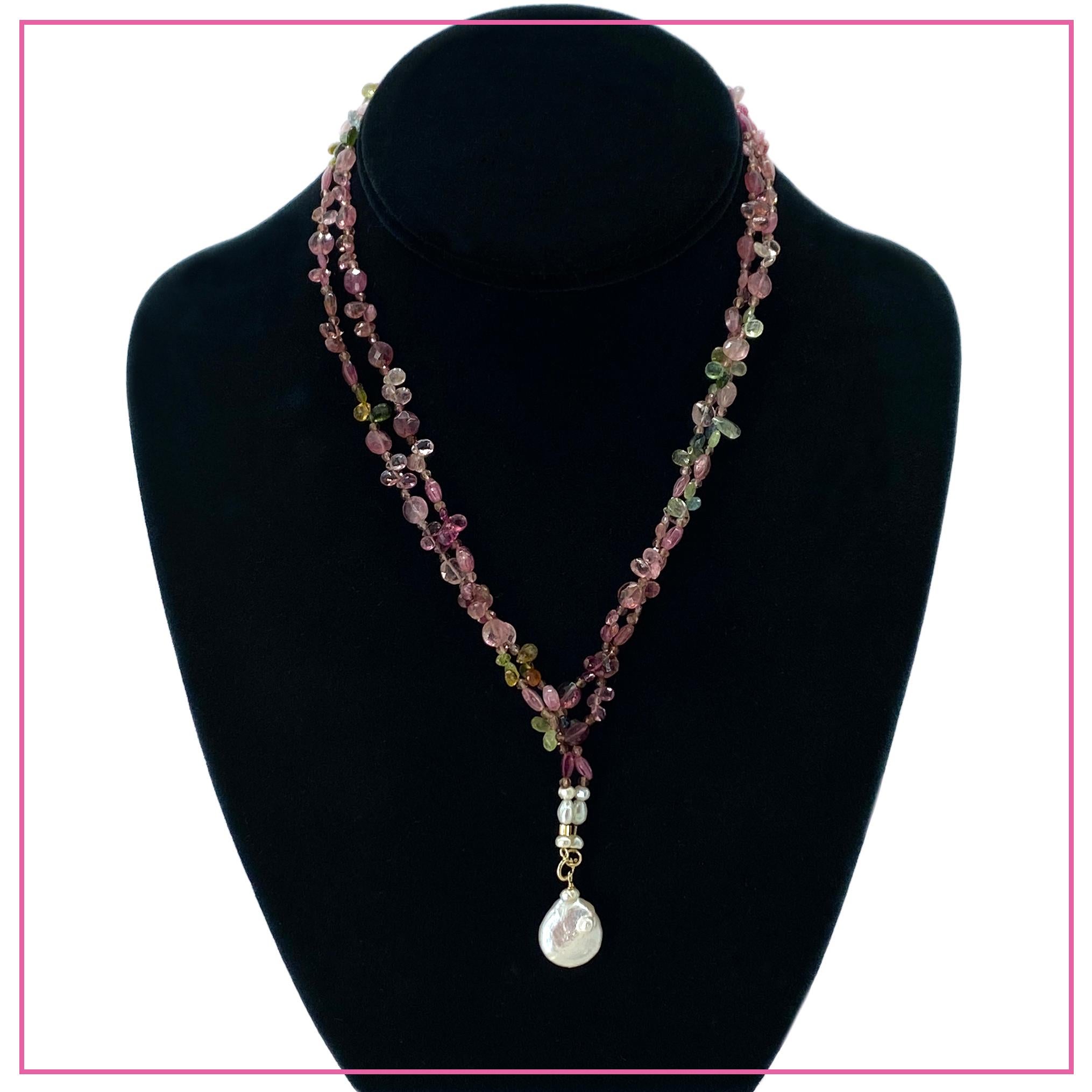 This flexible tourmaline long necklace has a solid gold 14K clasp and findings. (Flexible as it can be doubled or Y shaped.) We created it with shaded pink tourmaline coins, 2mm faceted rounds and 4-6mm multi-color tourmaline faceted pears. This 36