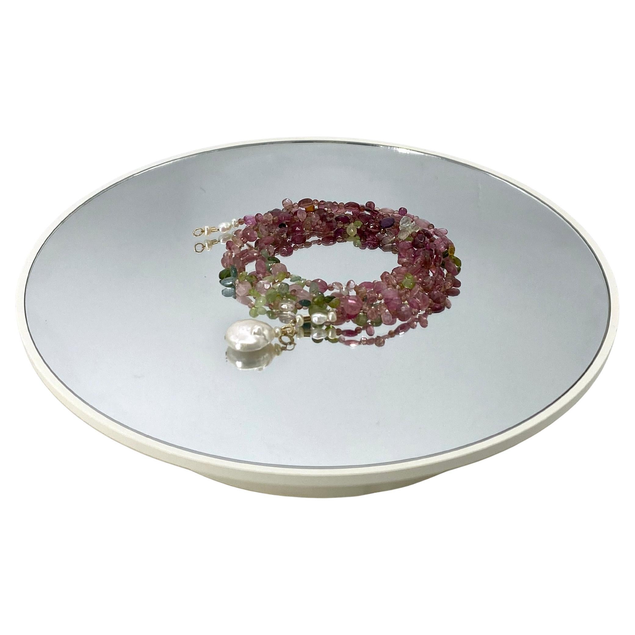 Perlina 14K Gold and Multi-Color Tourmaline Double Necklace with Pearl Pendant in vendita