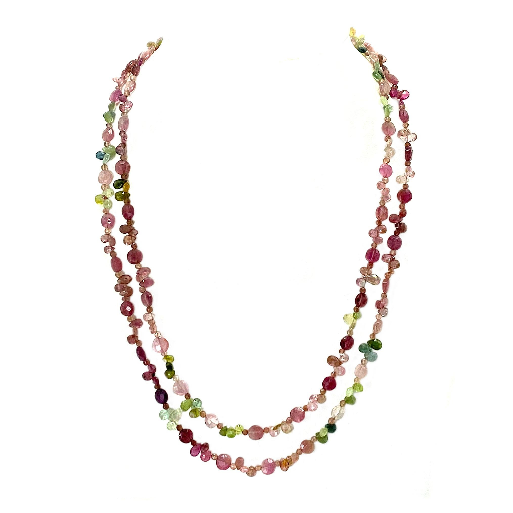 14K Gold and Multi-Color Tourmaline Double Necklace with Pearl Pendant in vendita 1