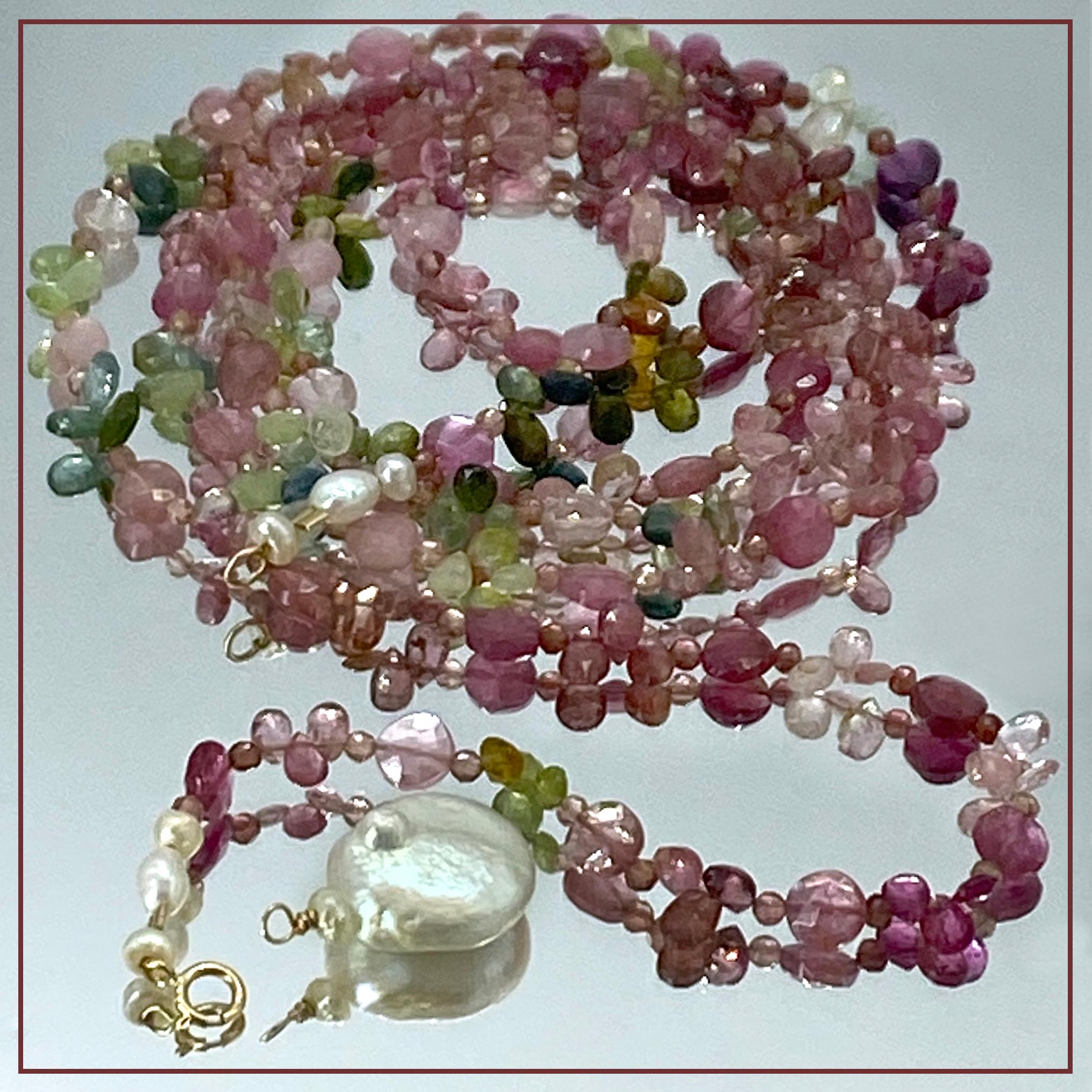 14K Gold and Multi-Color Tourmaline Double Necklace with Pearl Pendant in vendita 2