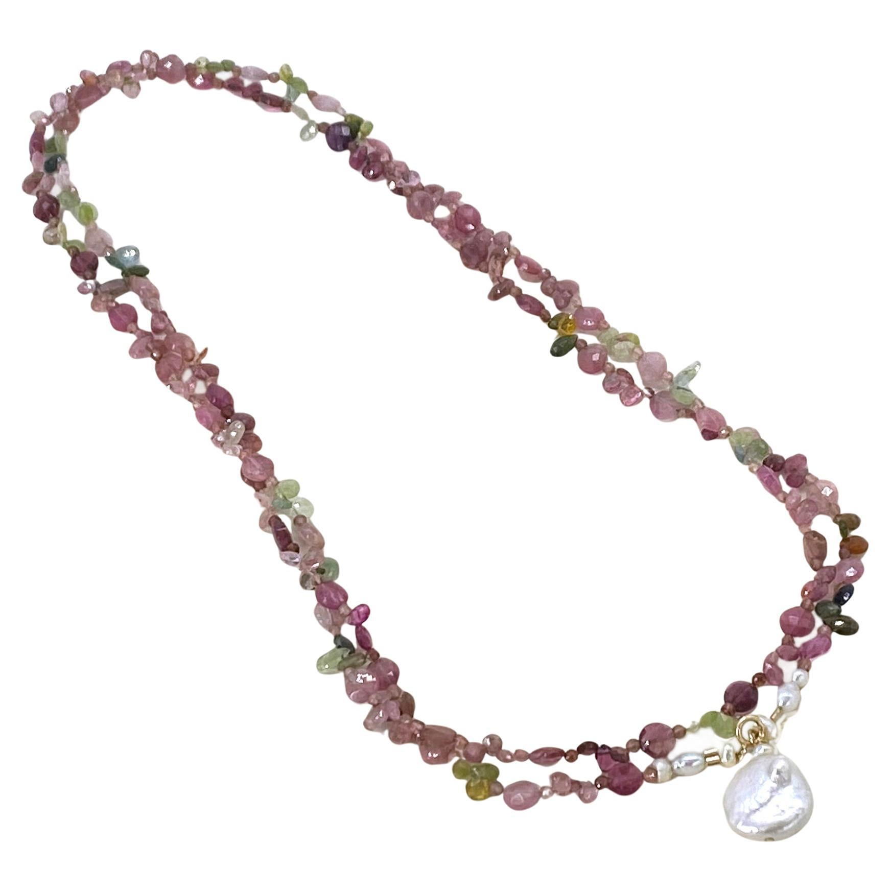 14K Gold and Multi-Color Tourmaline Double Necklace with Pearl Pendant in vendita