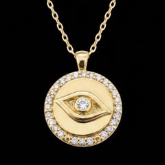 14k Gold and Natural Diamond Evil Eye Necklace, adjustable chain