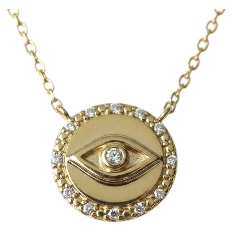 14k Gold and Natural Diamond Evil Eye Necklace, adjustable chain For Sale