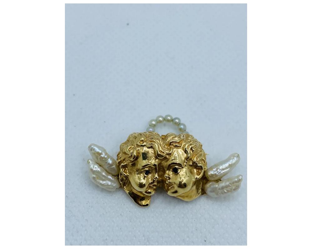 Oval Cut 14k Gold and Pearl Angels Cherub Brooch For Sale