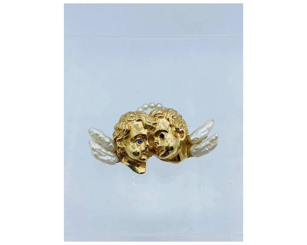 14k Gold and Pearl Angels Cherub Brooch For Sale 3