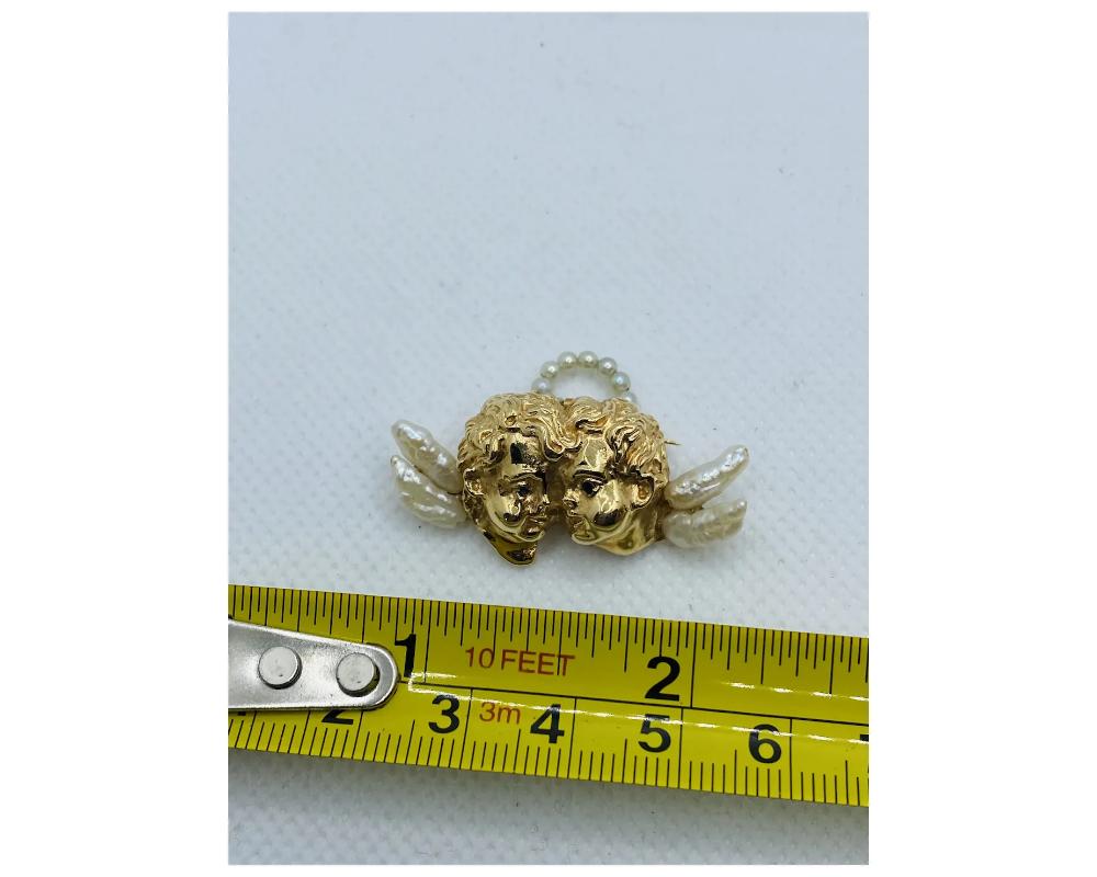 14k Gold and Pearl Angels Cherub Brooch For Sale 4