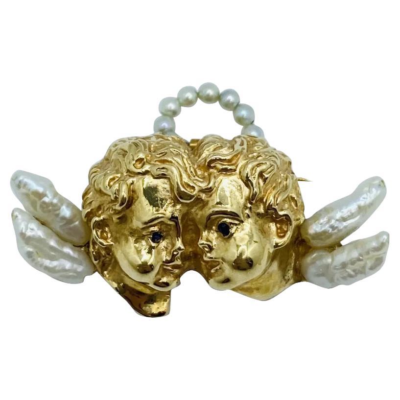 Cherub-Brosche aus 14 Karat Gold und Perlen mit Engeln
