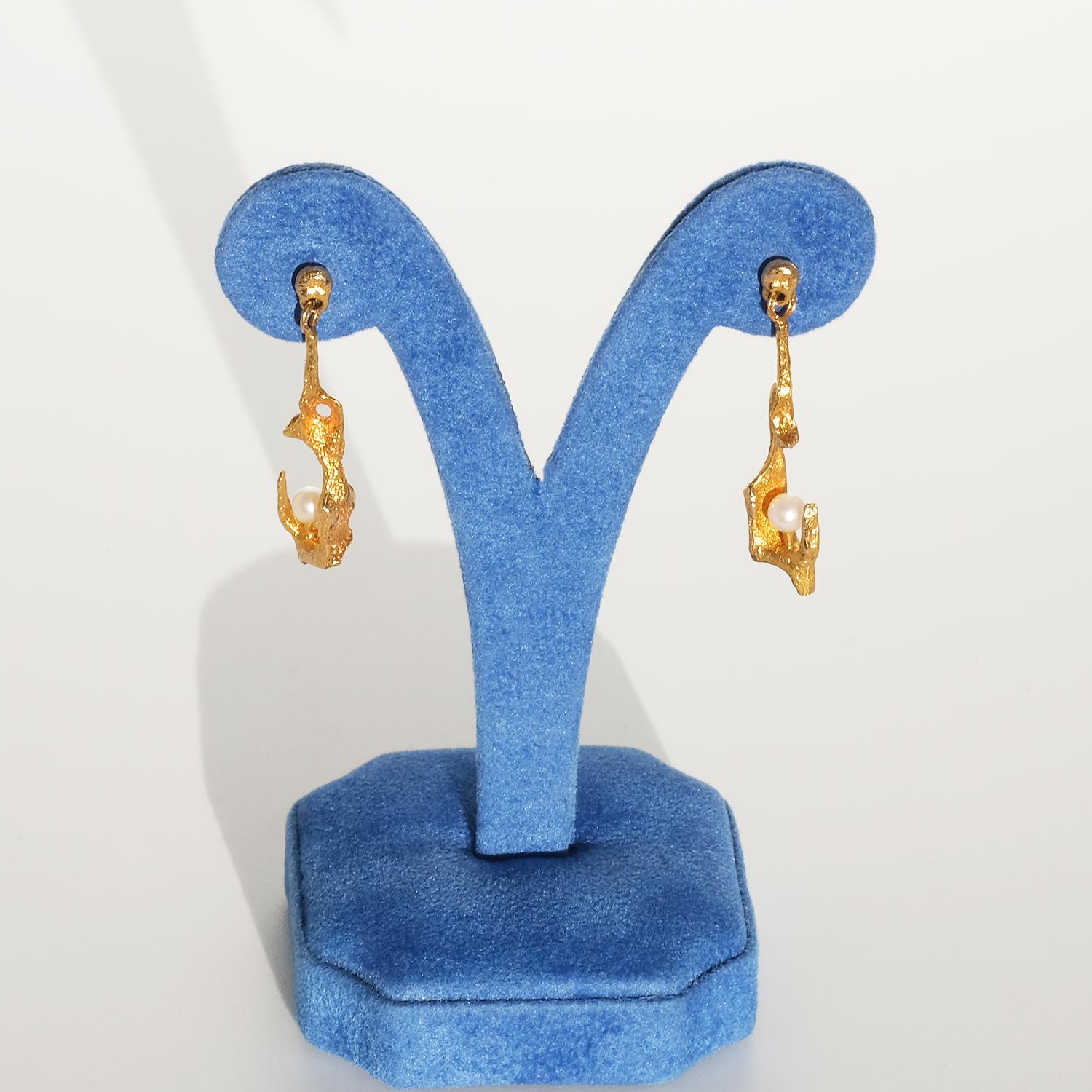 14K Gold and Pearl Earrings by Björn Weckström for Lapponia Made 1971 For Sale 5