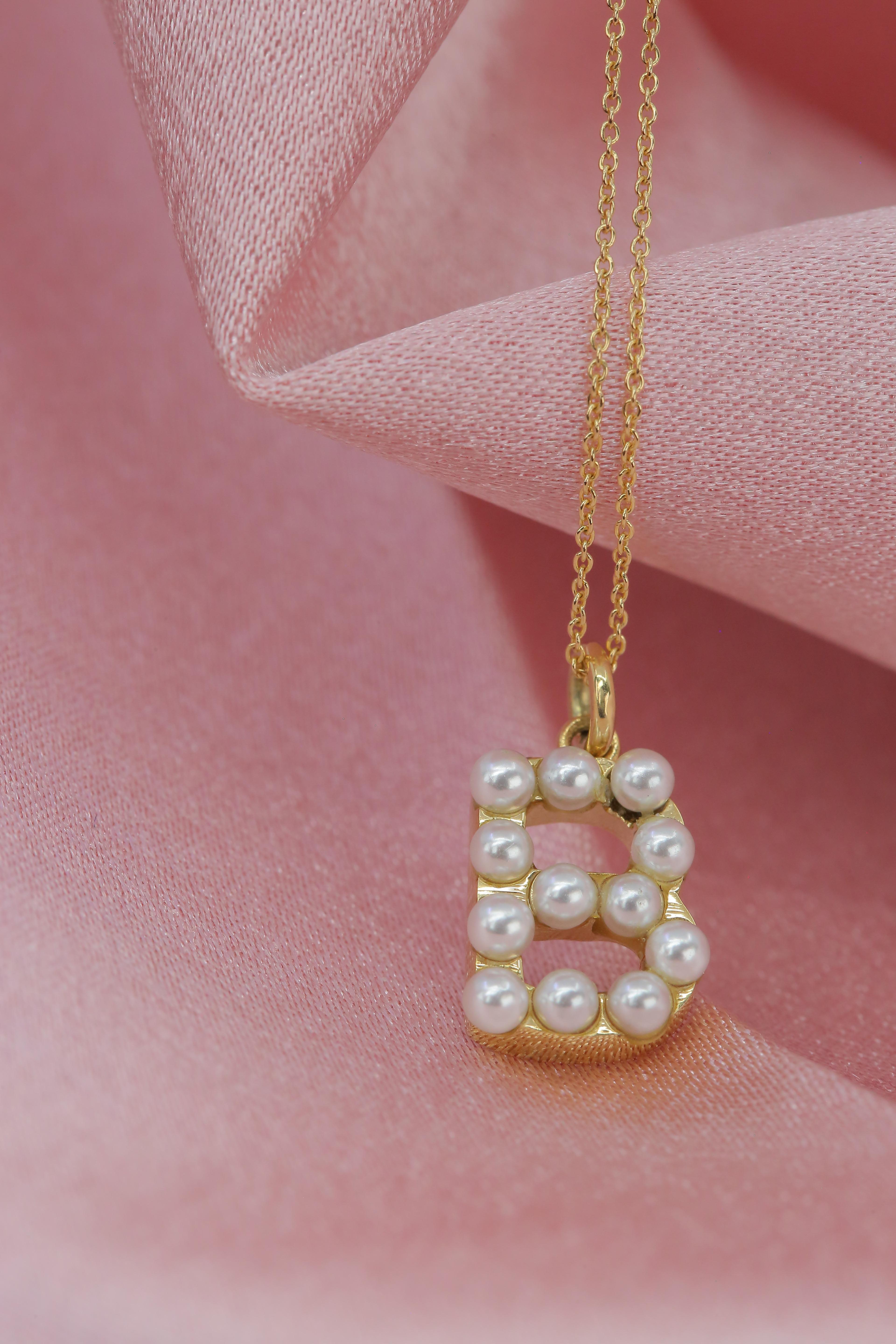 14K Gold- und Perlen-Halskette mit Initialen B Damen im Angebot