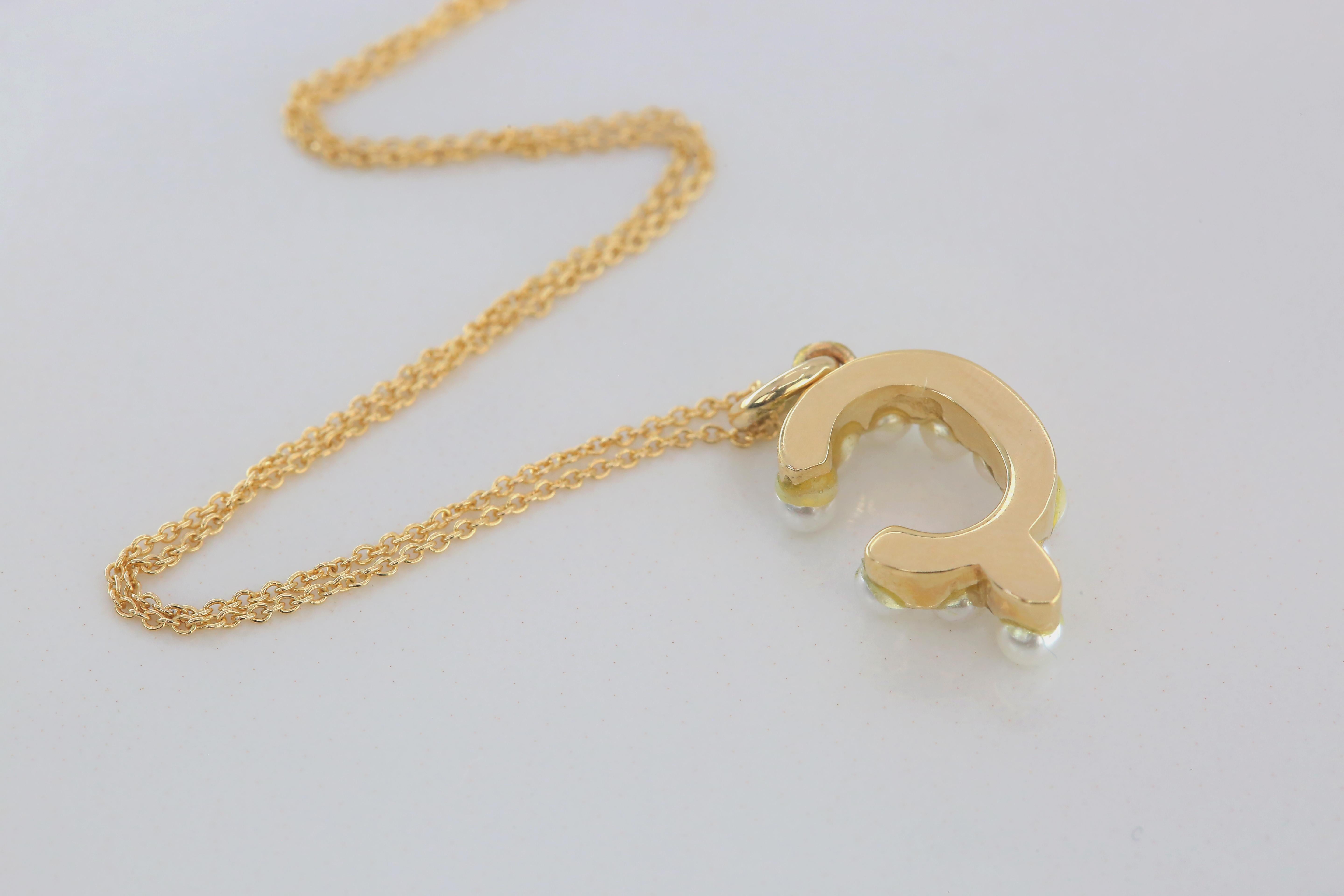 14K Gold and Pearl Initial Letter Ç Necklace For Sale 2
