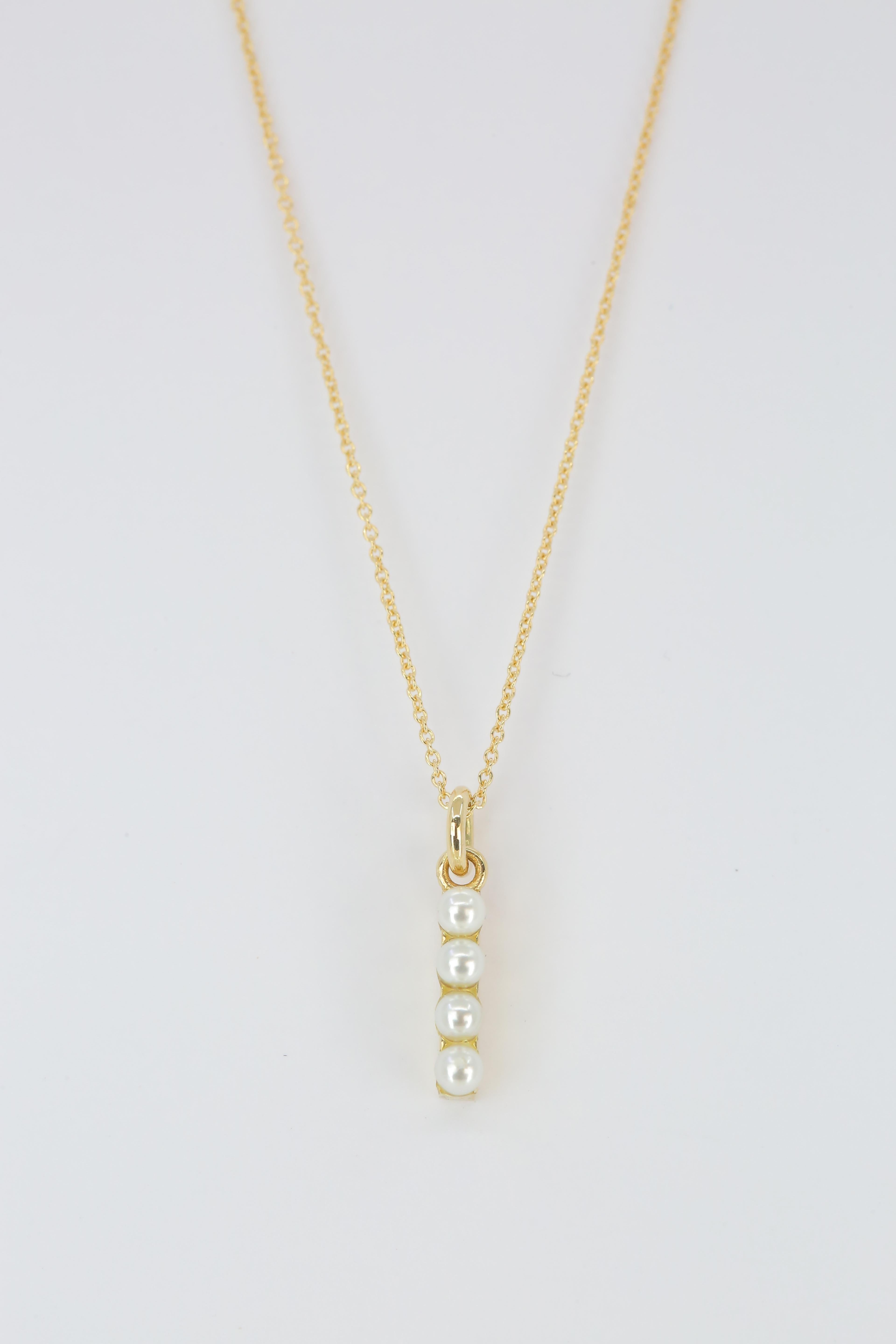 Round Cut 14K Gold and Pearl Initial Letter I Necklace For Sale